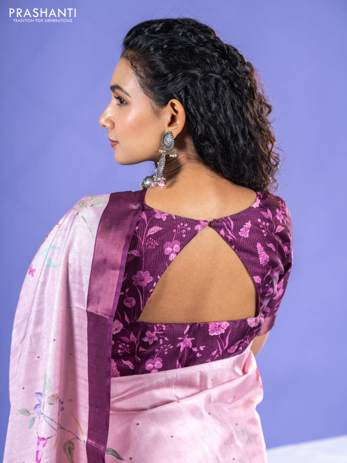 Semi tussar saree baby pink and wine shade with allover zari buttas & flotal digital prints and zari woven border - Image 6
