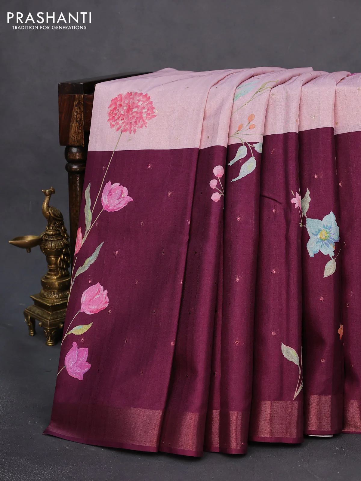 Semi tussar saree baby pink and wine shade with allover zari buttas & flotal digital prints and zari woven border - Image 7