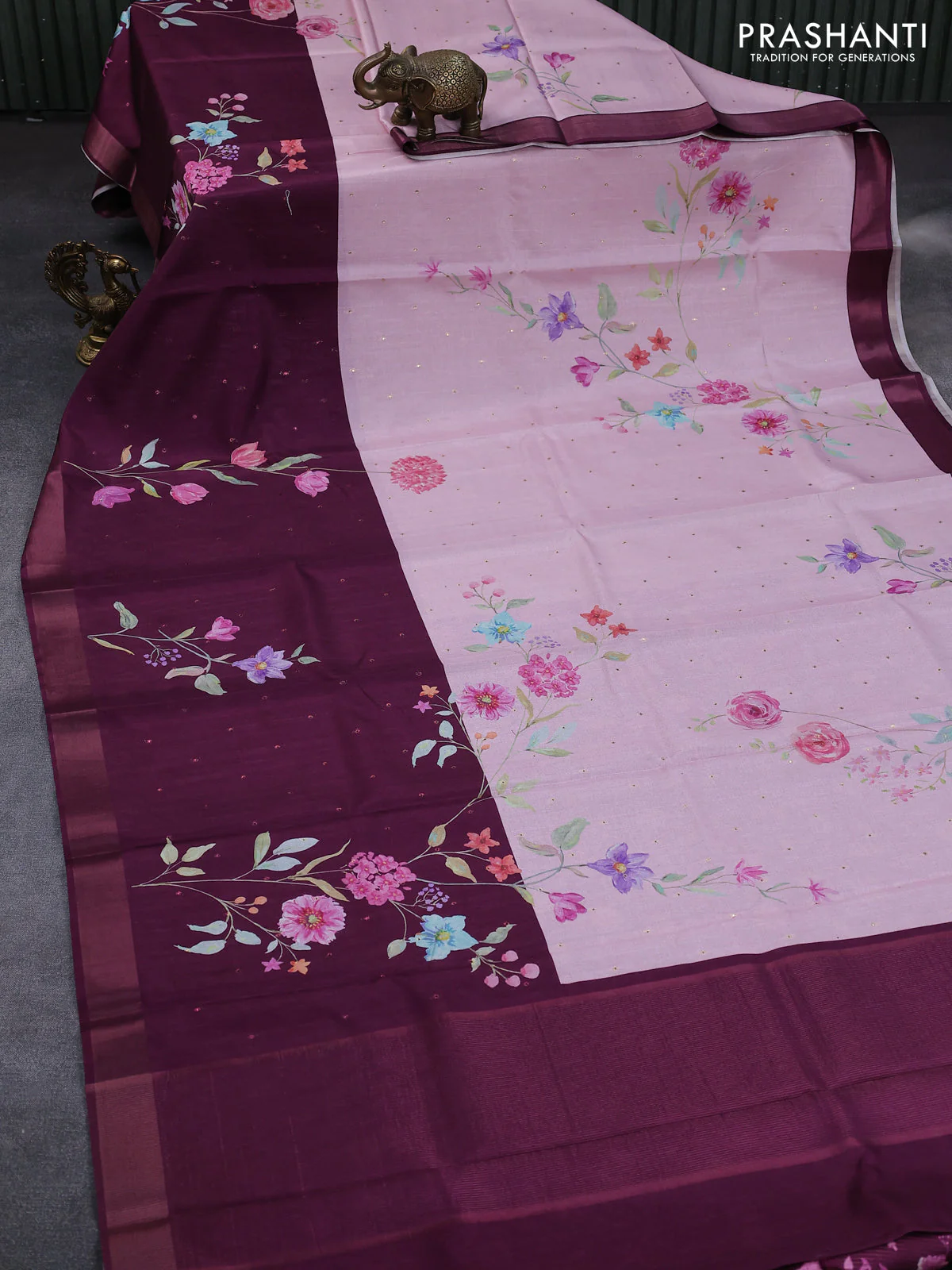 Semi tussar saree baby pink and wine shade with allover zari buttas & flotal digital prints and zari woven border - Image 8