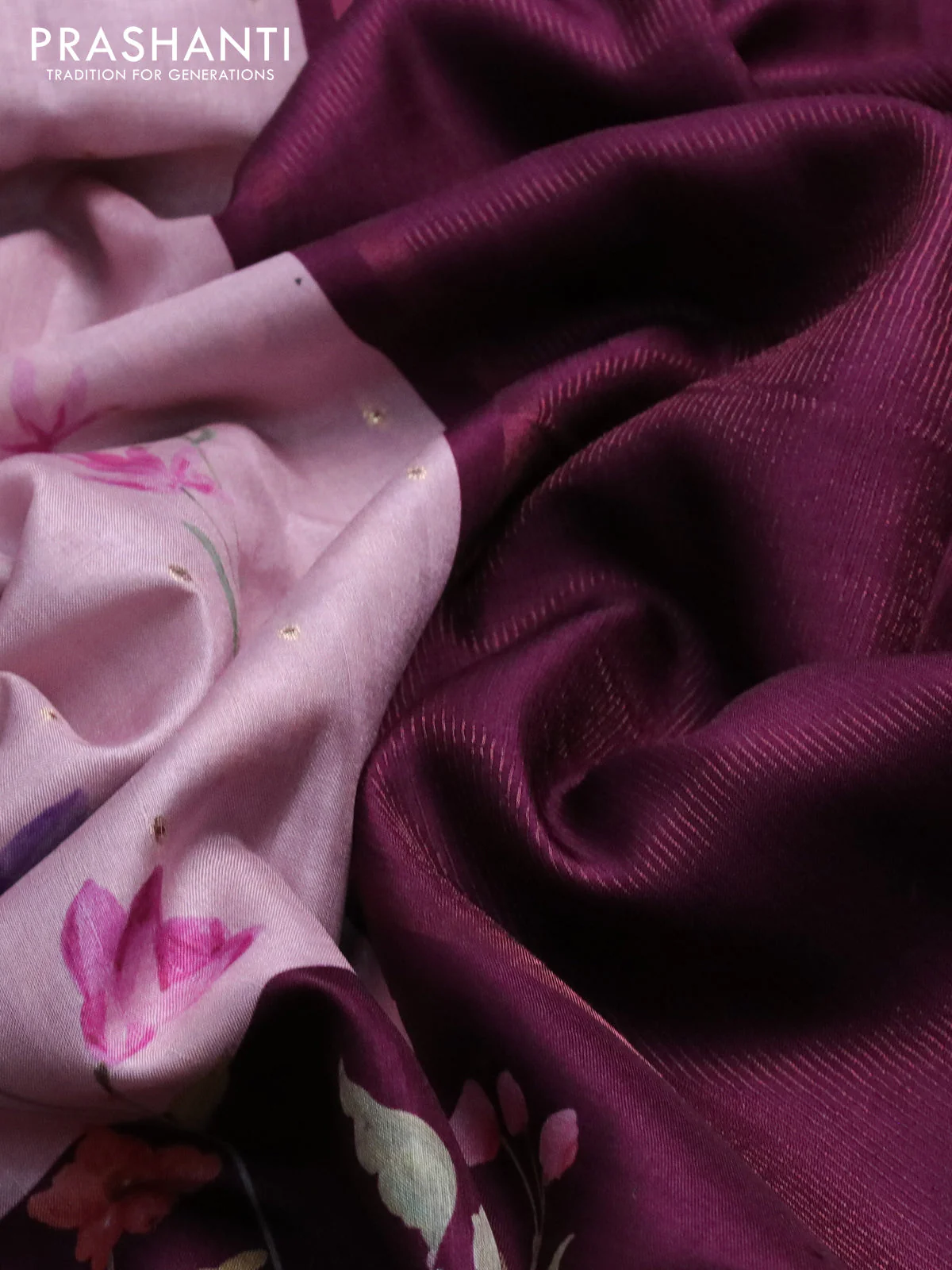Semi tussar saree baby pink and wine shade with allover zari buttas & flotal digital prints and zari woven border - Image 9