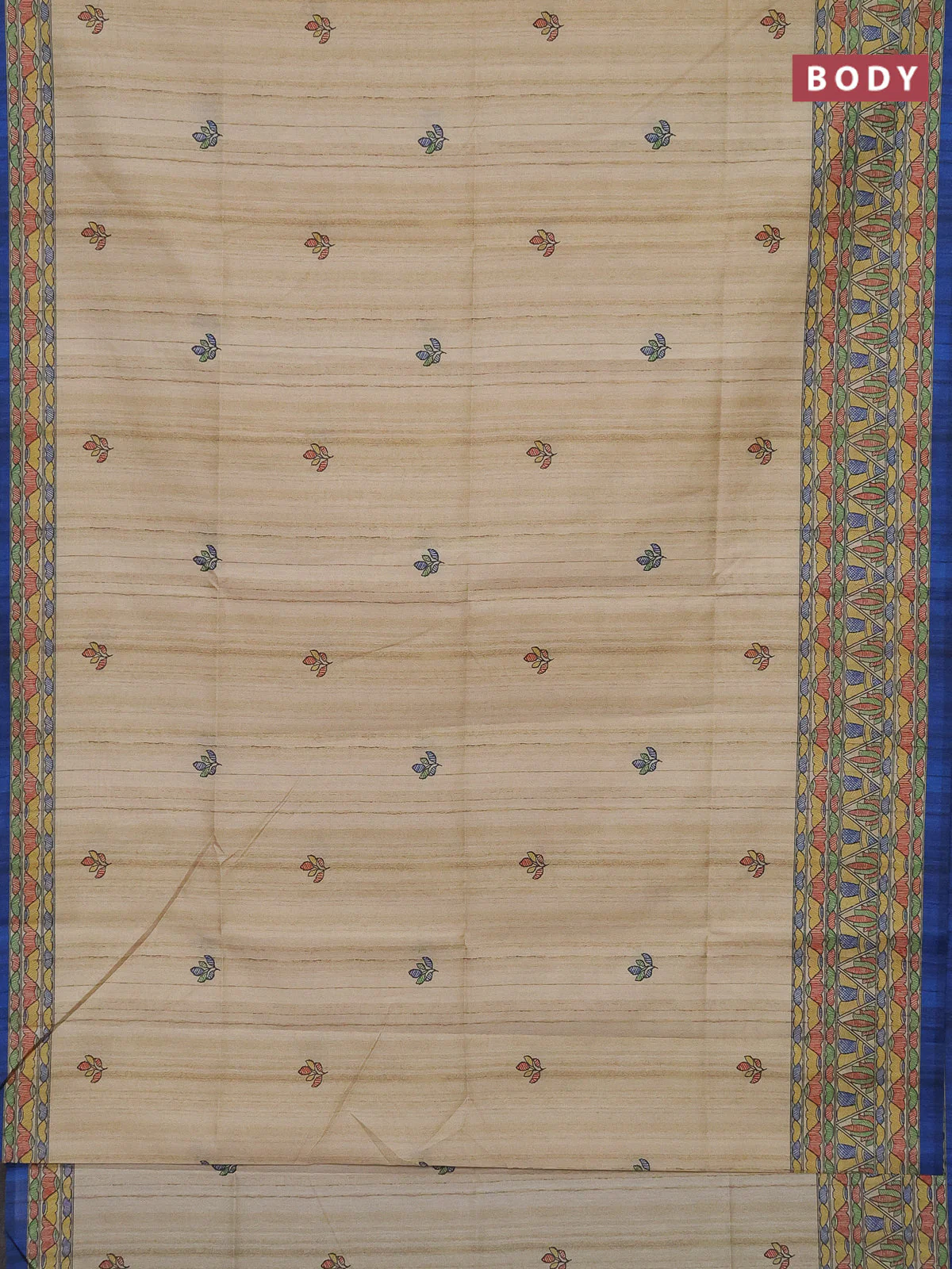 Semi tussar saree beige and blue with madhubani prints and printed border - Image 2