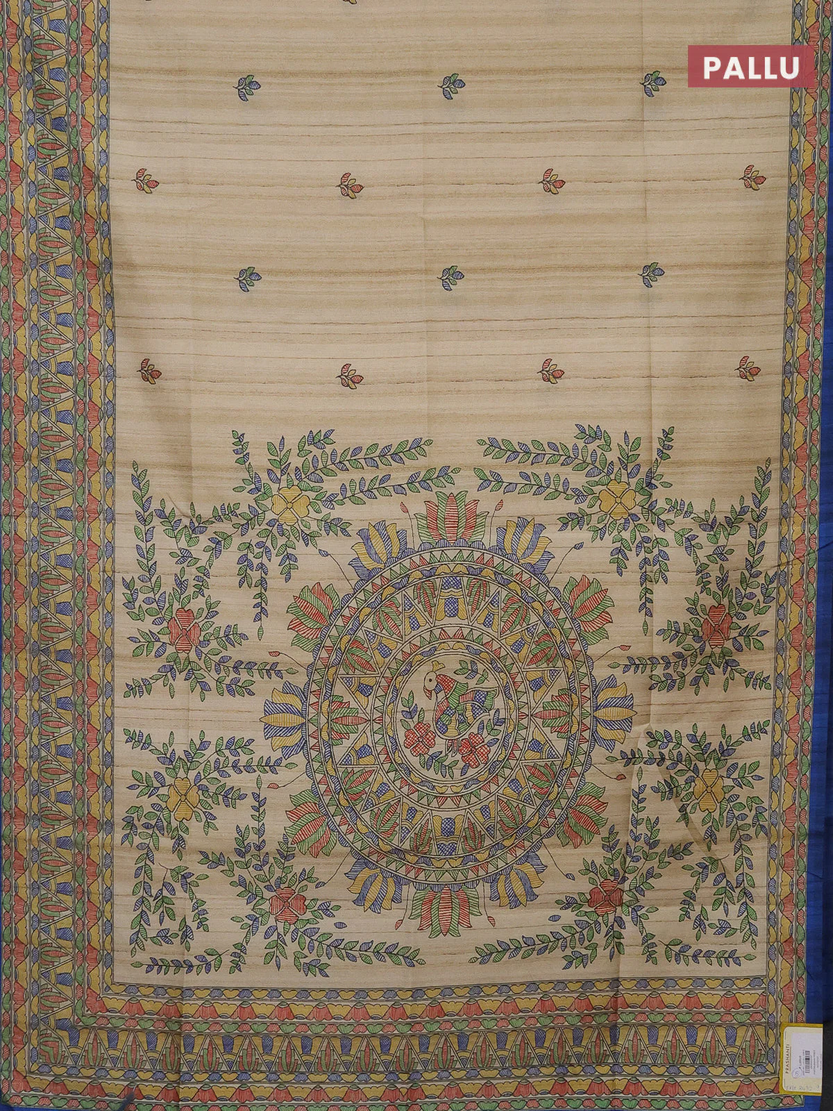 Semi tussar saree beige and blue with madhubani prints and printed border - Image 3