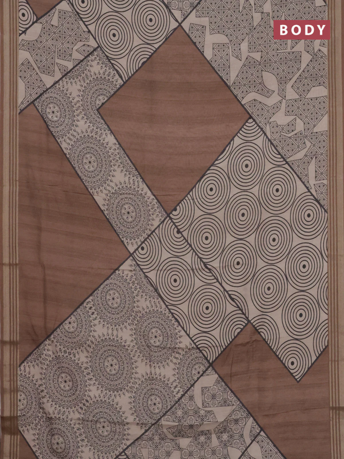 Semi tussar saree beige and brown with allover geometric prints and zari woven border - Image 2