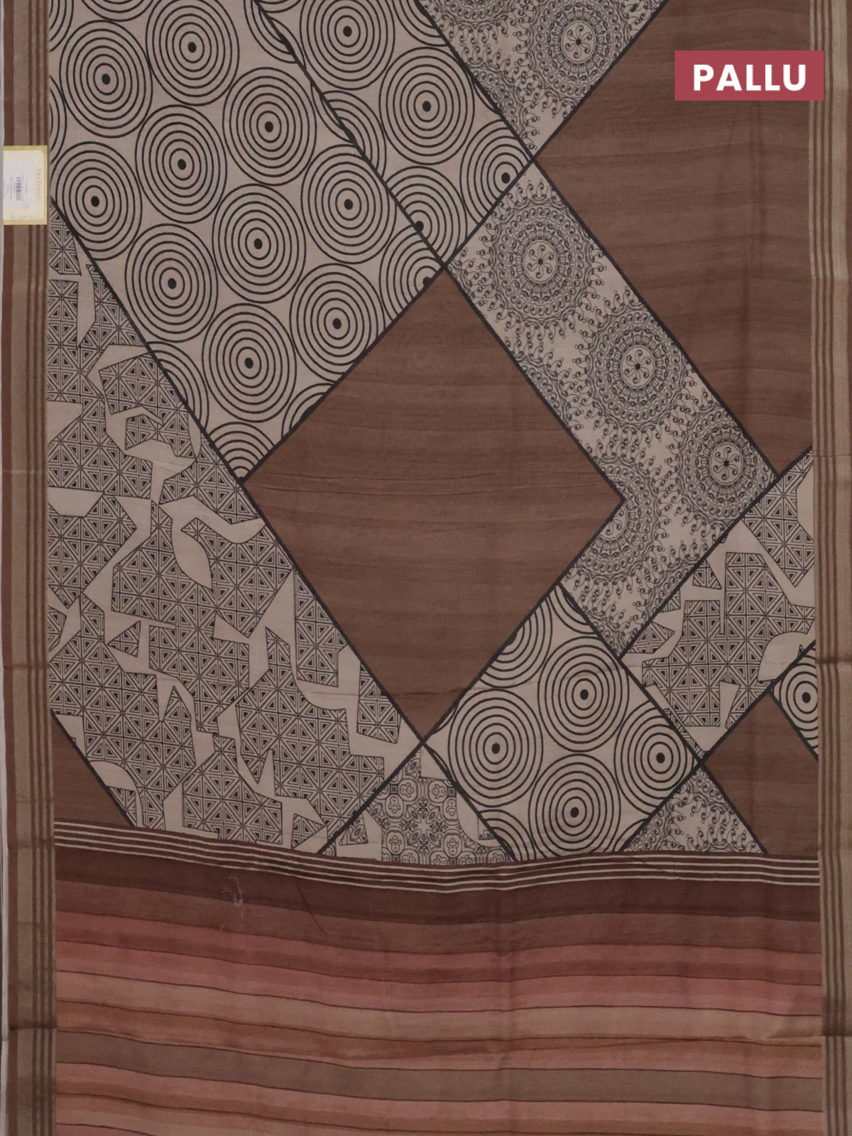 Semi tussar saree beige and brown with allover geometric prints and zari woven border - Image 3