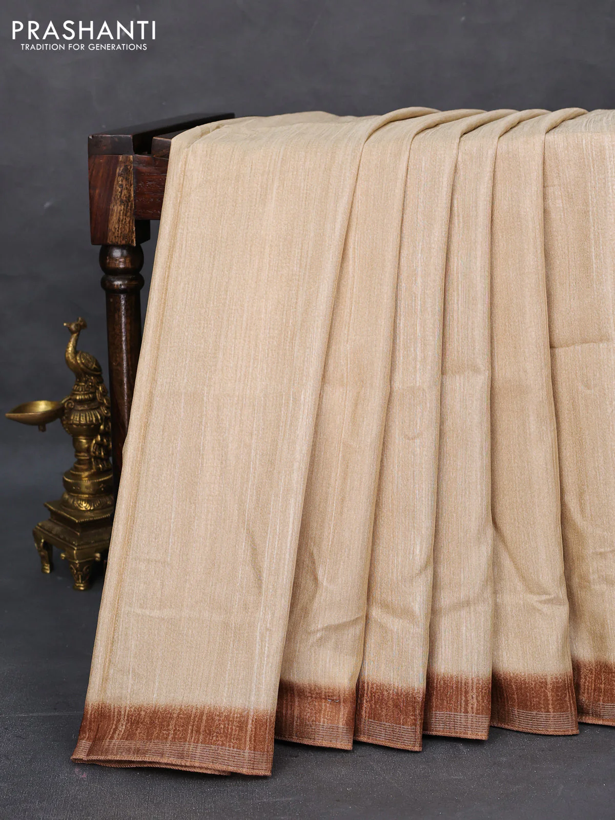 Semi tussar saree beige and brown with plain body and kalamkari printed pallu - Image 2