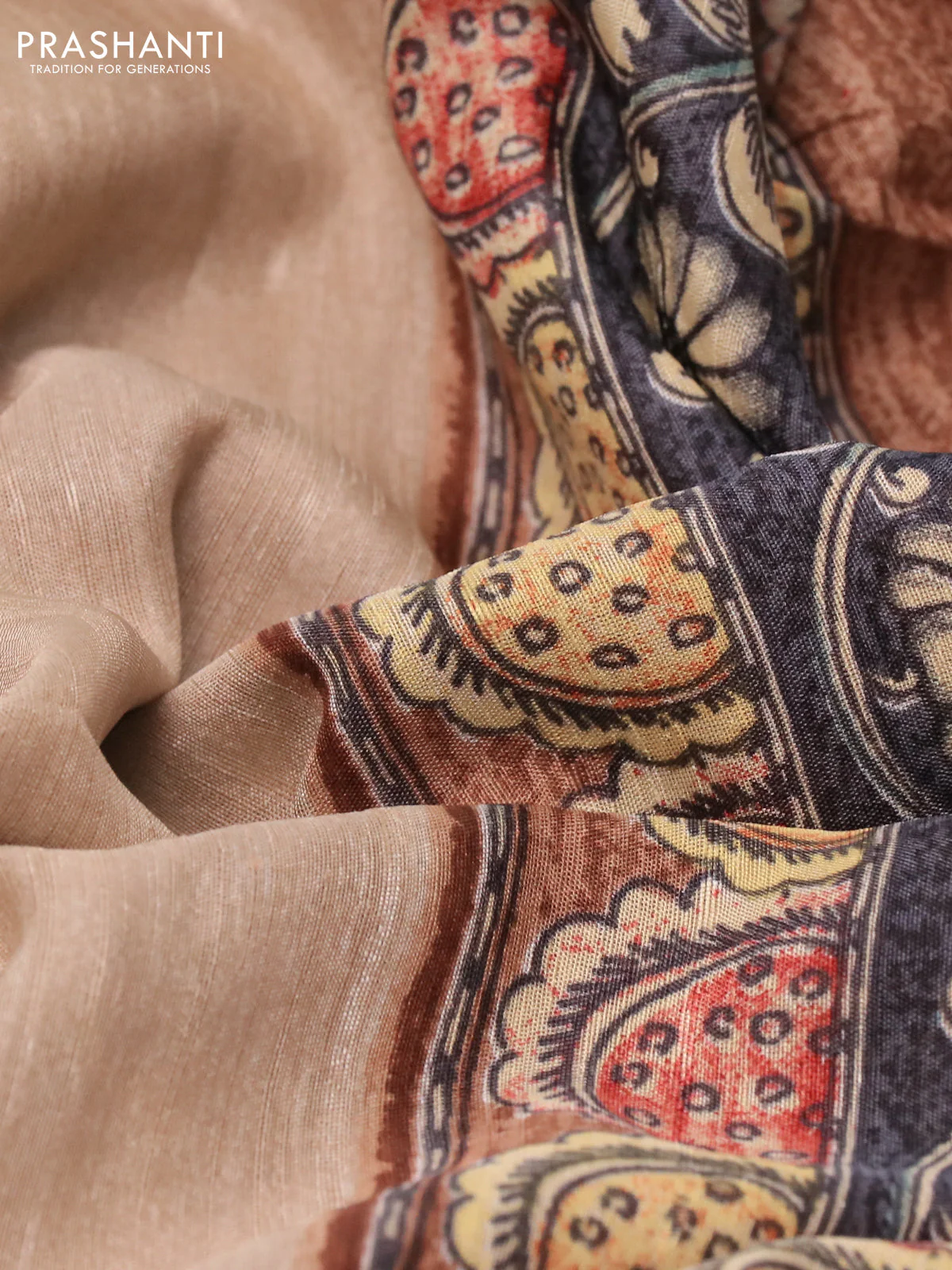 Semi tussar saree beige and brown with plain body and kalamkari printed pallu - Image 3
