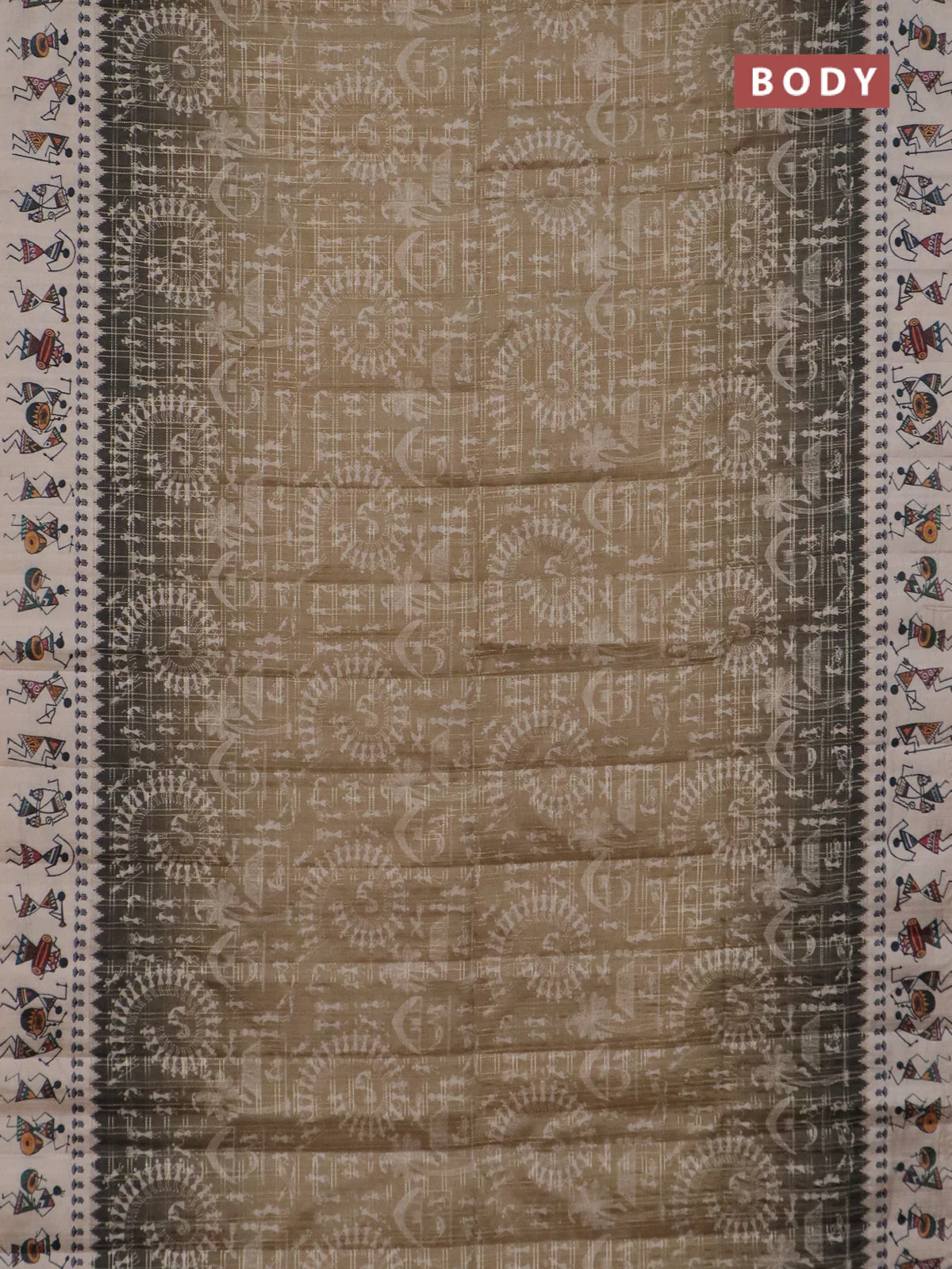Semi tussar saree beige and cream with allover zari checks & warli prints  and printed border - Image 2