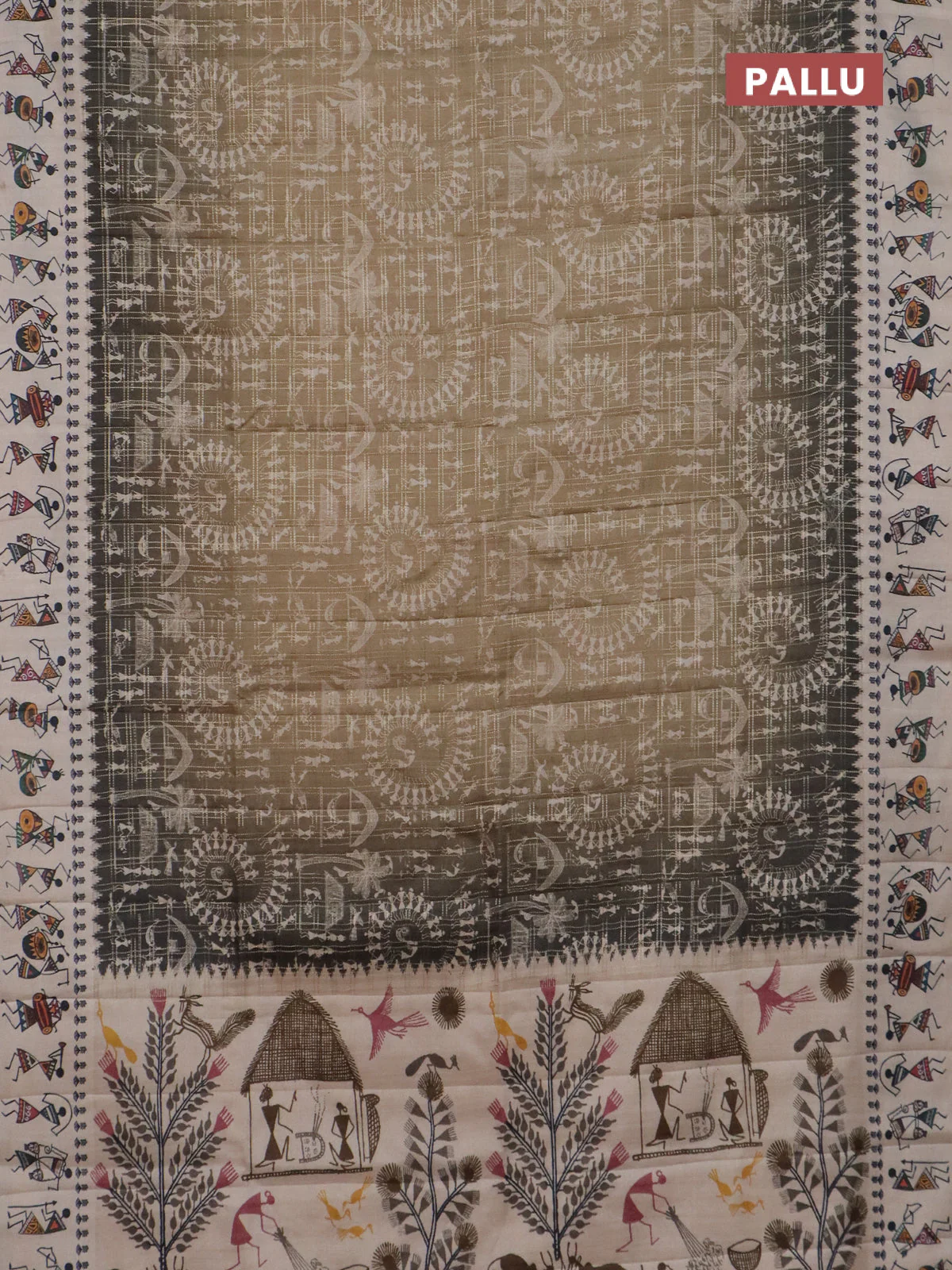Semi tussar saree beige and cream with allover zari checks & warli prints  and printed border - Image 3