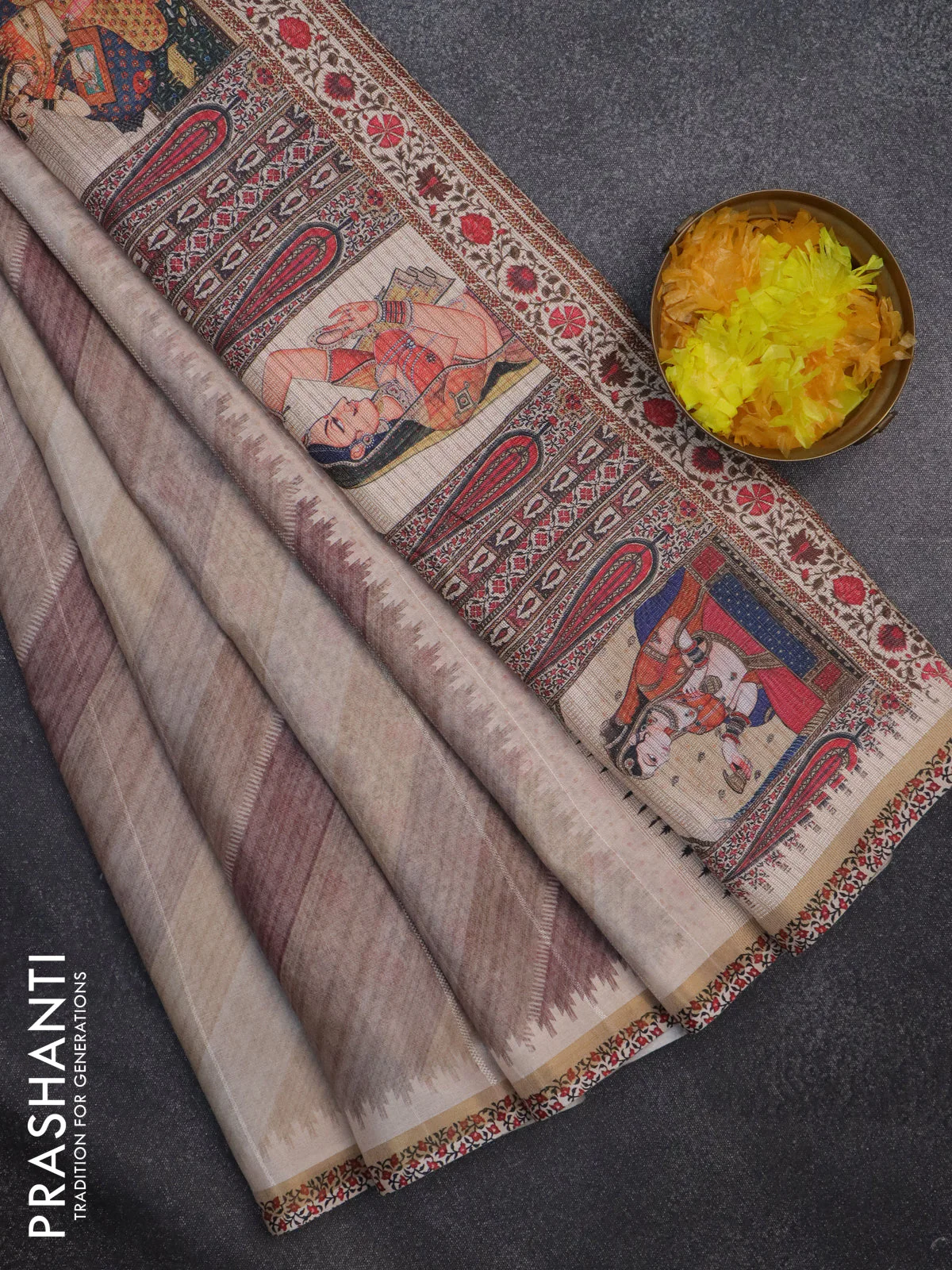Semi tussar saree beige and cream with allover zig zag saree and kalamkari printed pallu - Image 2