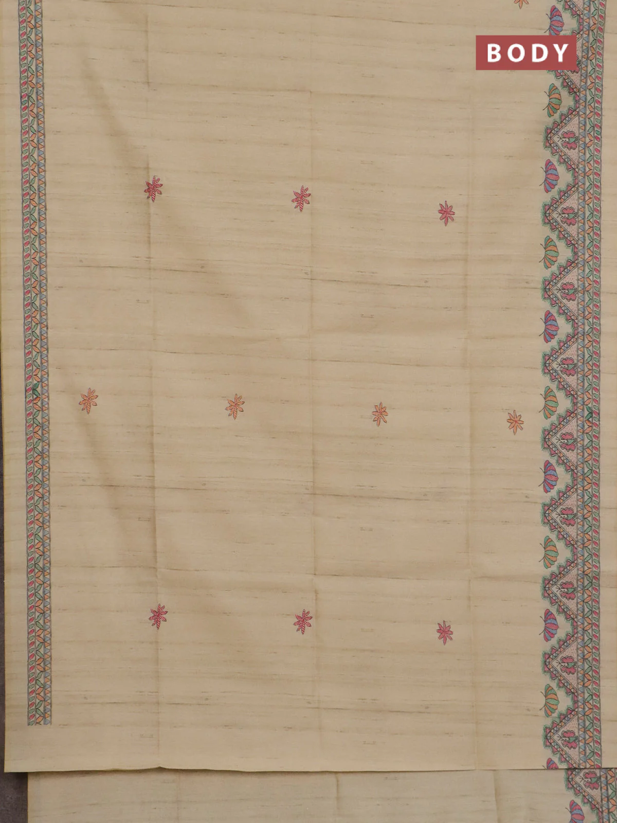 Semi tussar saree beige and cream with butta prints and madhubani printed pallu & border - Image 2