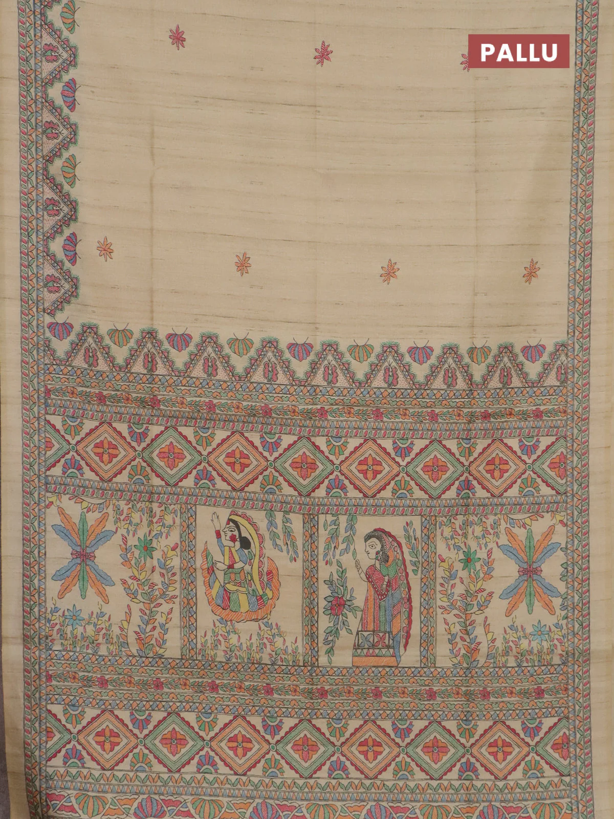 Semi tussar saree beige and cream with butta prints and madhubani printed pallu & border - Image 3