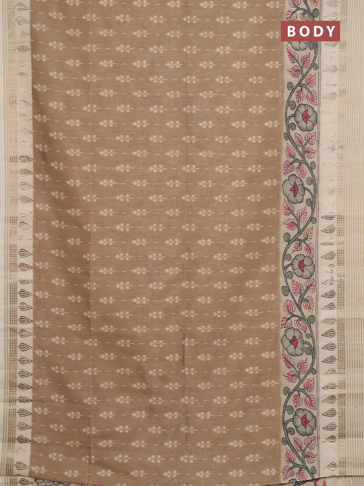 Semi tussar saree beige and cream with ikat butta prints and zari woven border - Image 2
