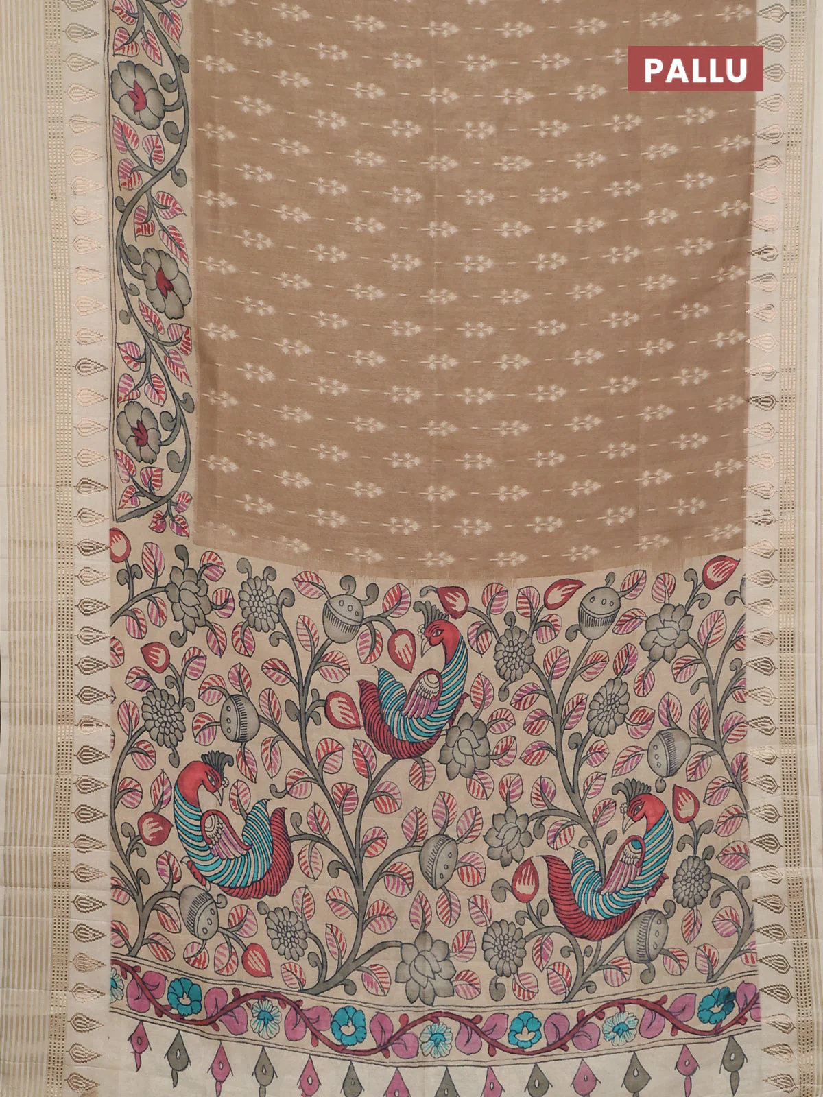 Semi tussar saree beige and cream with ikat butta prints and zari woven border - Image 3