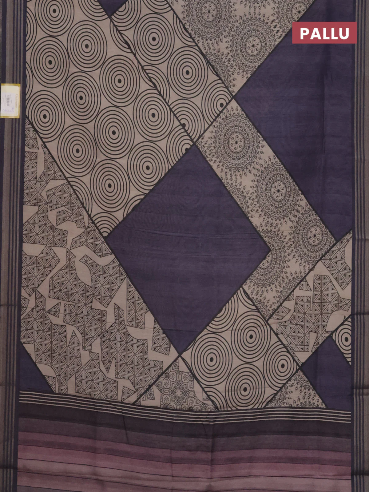Semi tussar saree beige and jamun shade with allover geometric prints and zari woven border - Image 3