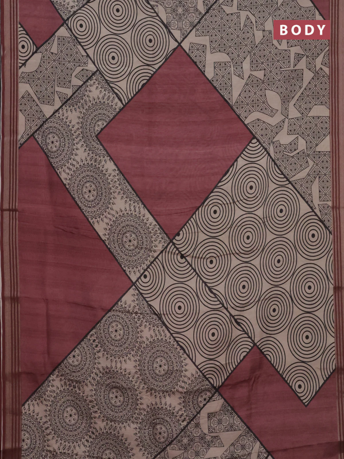 Semi tussar saree beige and maroon shade with allover geometric prints and zari woven border - Image 2