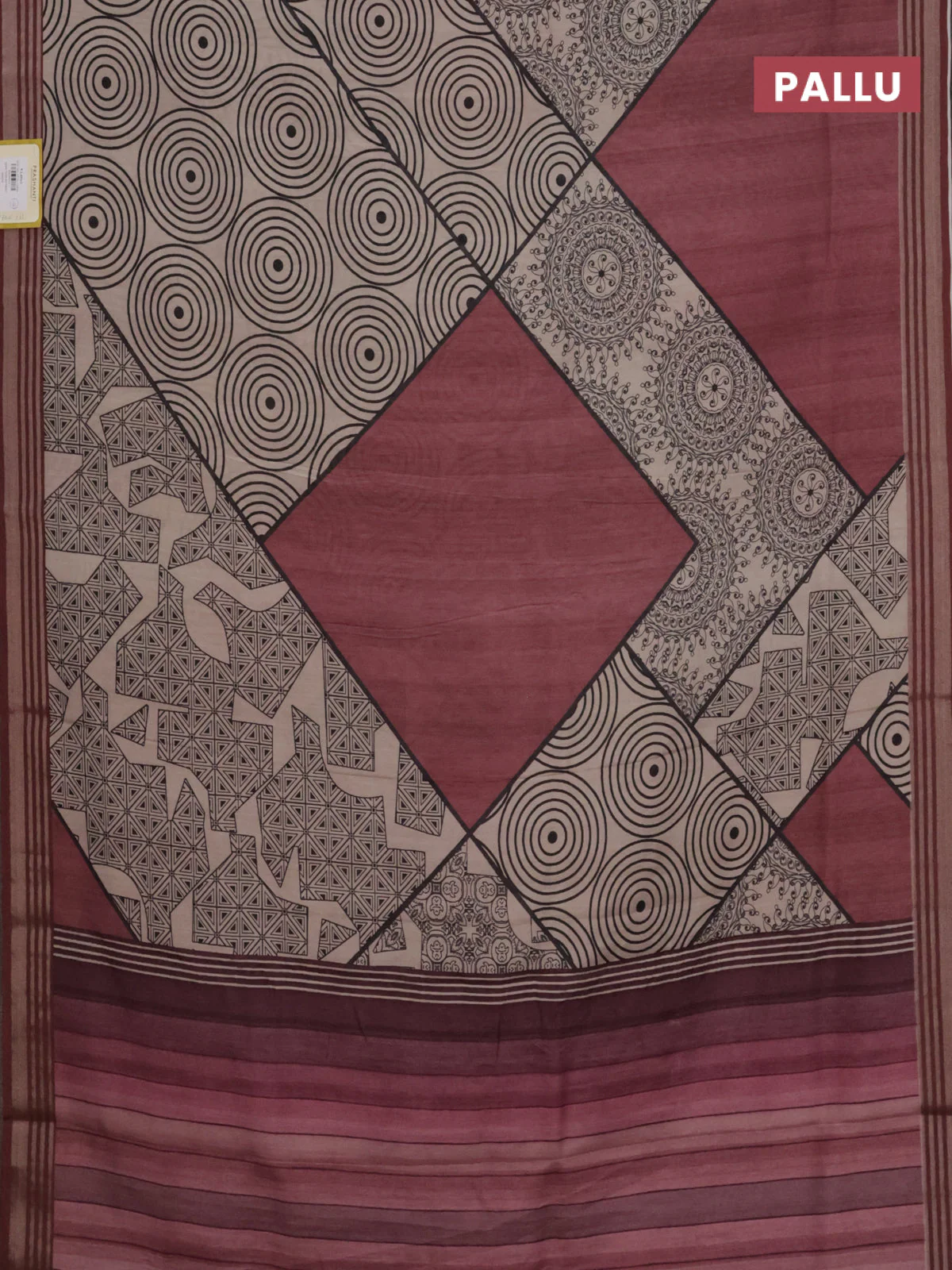 Semi tussar saree beige and maroon shade with allover geometric prints and zari woven border - Image 3