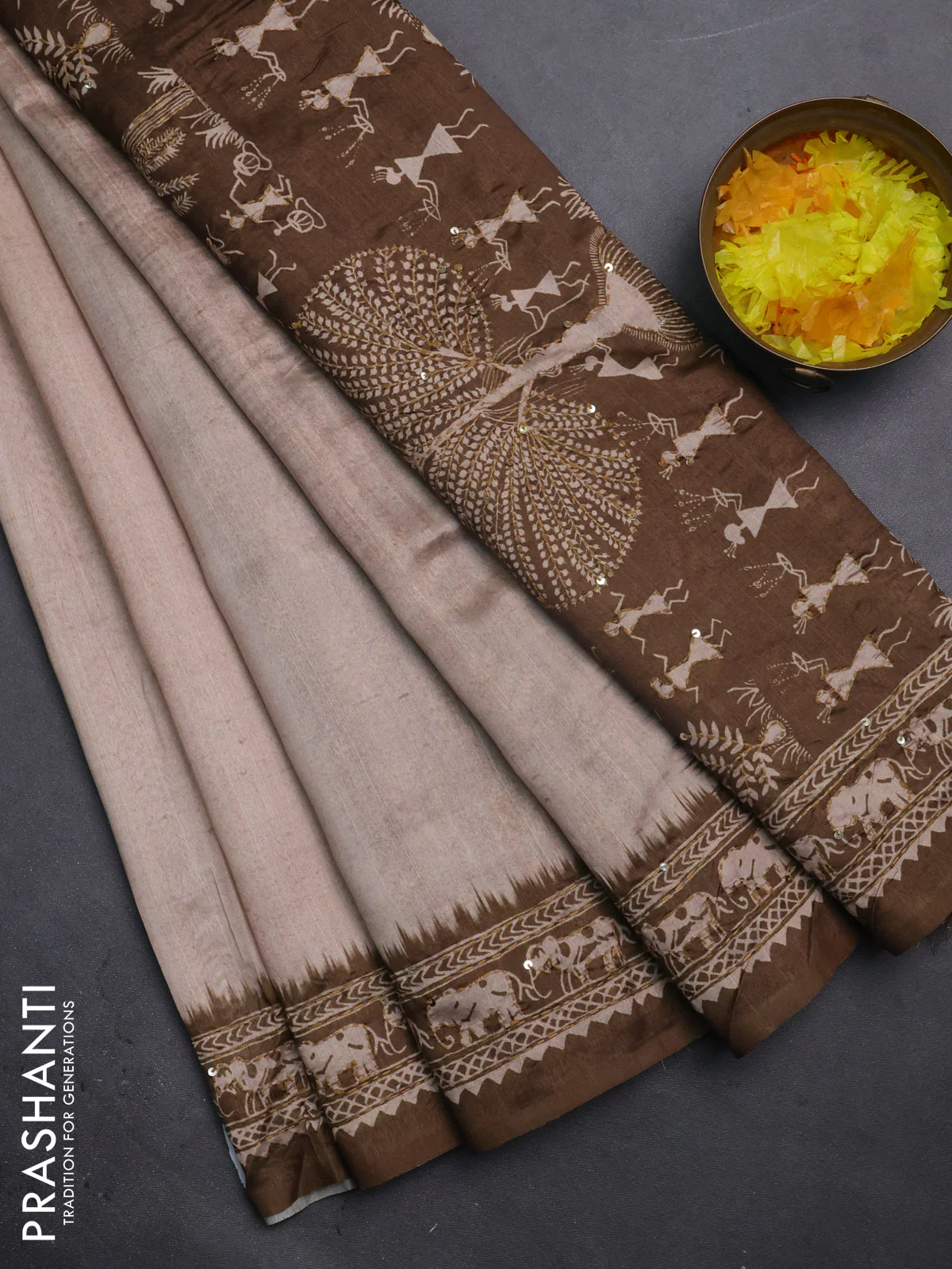 Semi tussar saree beige and sap green with plain body and warli prints kantha stitch work border