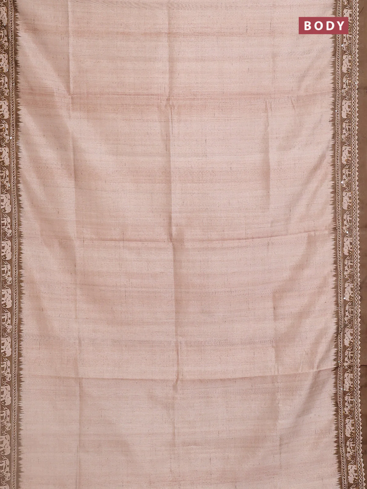 Semi tussar saree beige and sap green with plain body and warli prints kantha stitch work border - Image 2