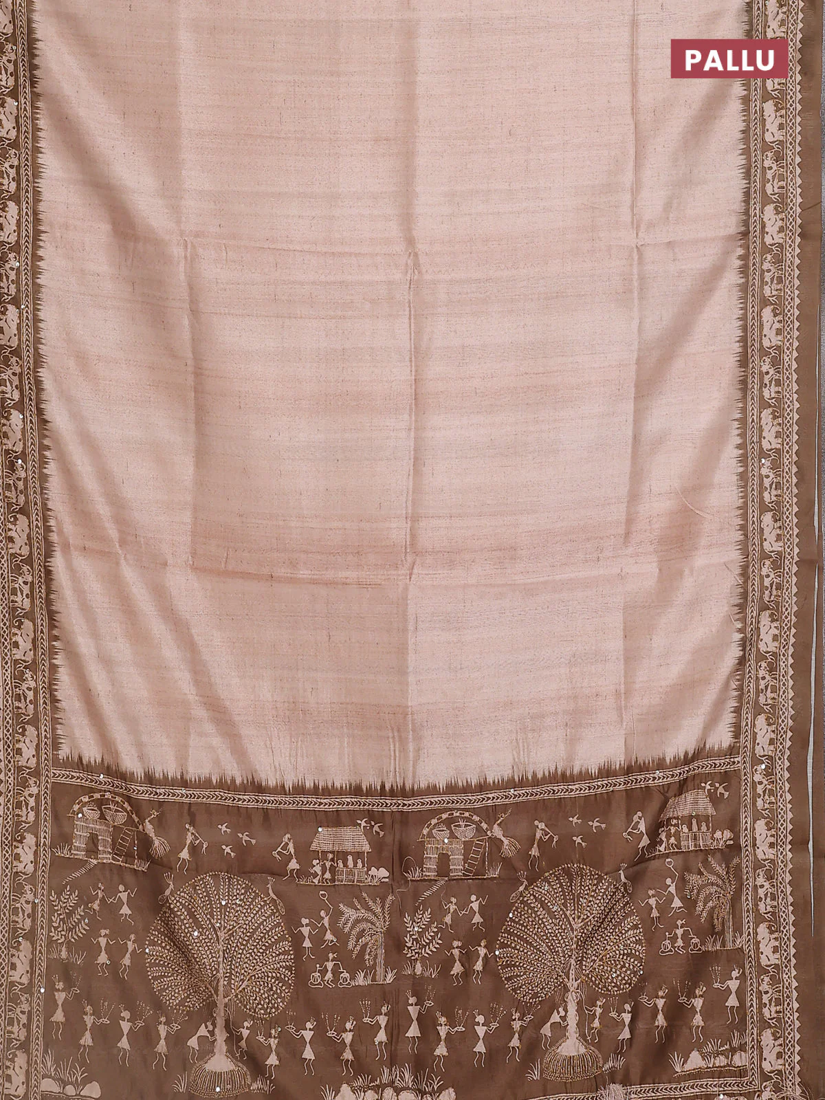 Semi tussar saree beige and sap green with plain body and warli prints kantha stitch work border - Image 3