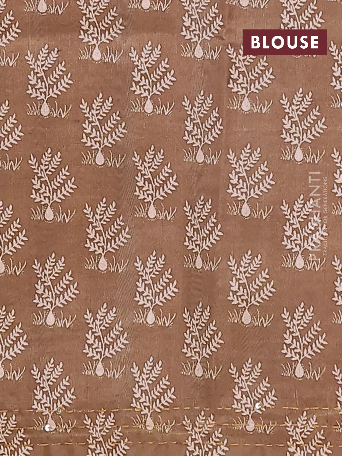 Semi tussar saree beige and sap green with plain body and warli prints kantha stitch work border - Image 4