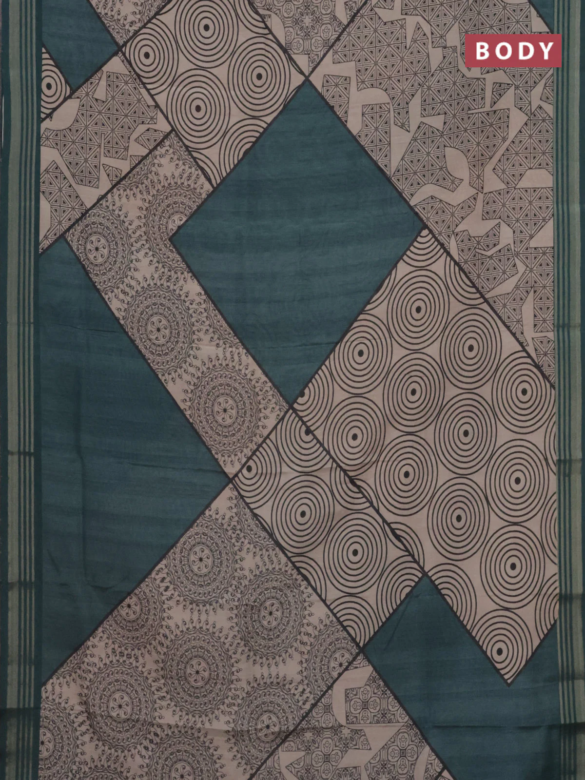 Semi tussar saree beige and teal green with allover geometric prints and zari woven border - Image 2