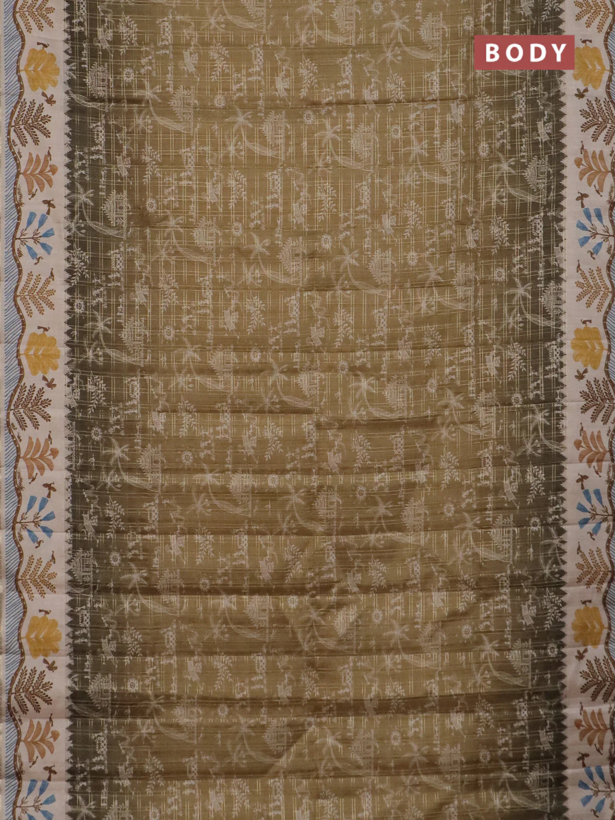 Semi tussar saree mehendi green and cream with allover zari checks & warli prints  and printed border - Image 2