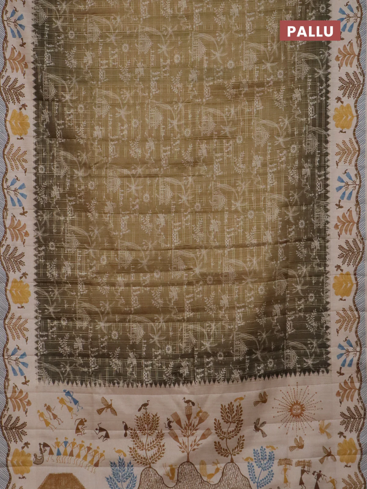 Semi tussar saree mehendi green and cream with allover zari checks & warli prints  and printed border - Image 3