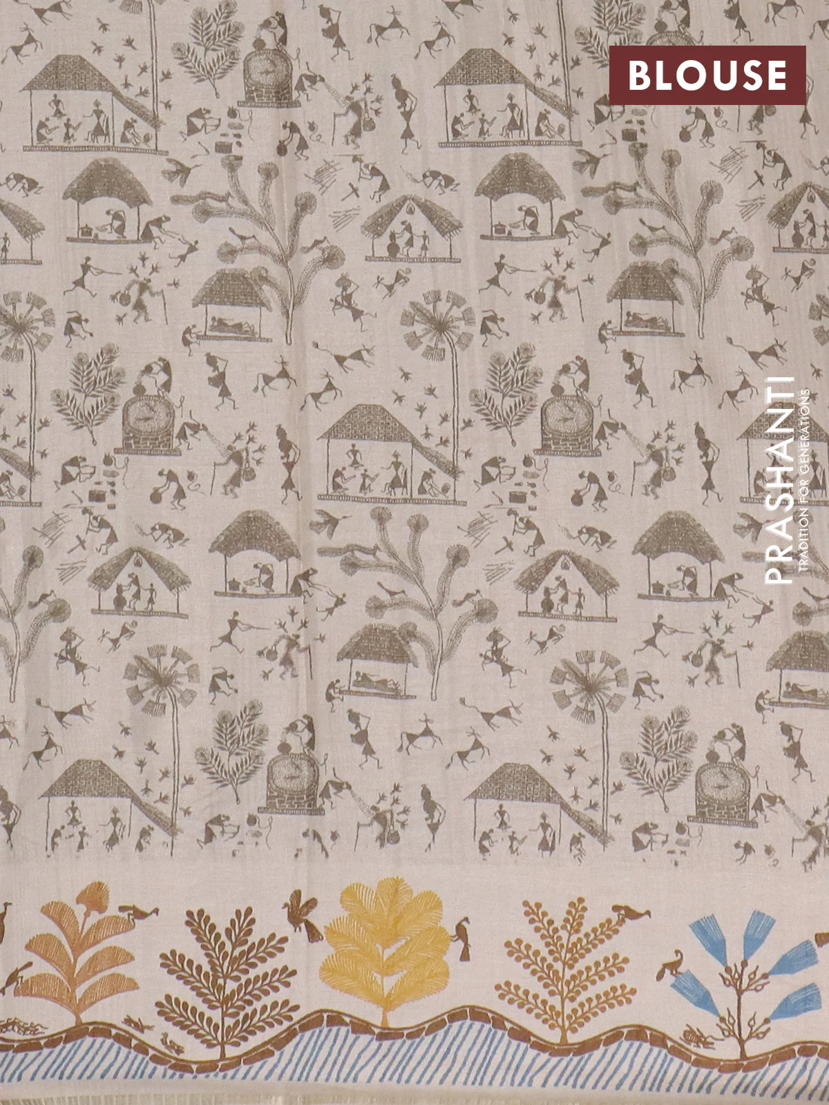 Semi tussar saree mehendi green and cream with allover zari checks & warli prints  and printed border - Image 4