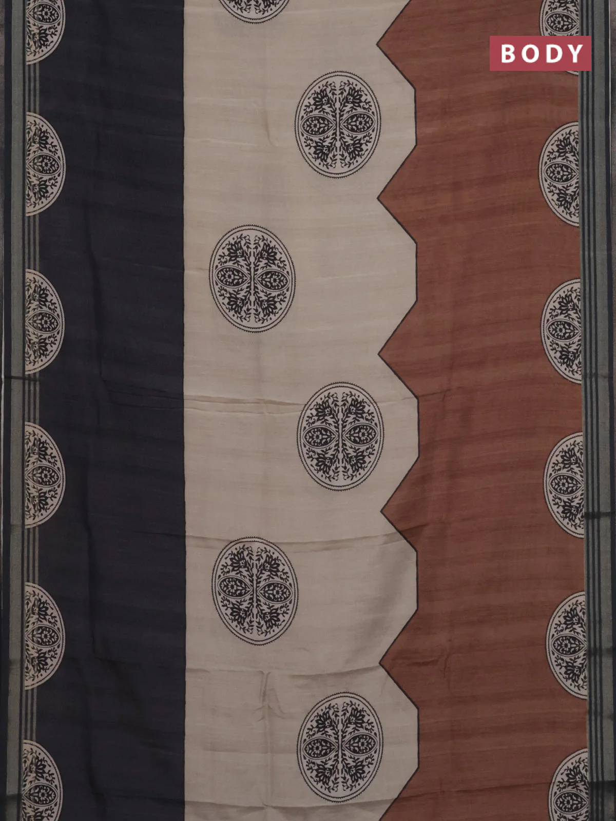Semi tussar saree beige grey and brown with allover prints and zari woven border - Image 2