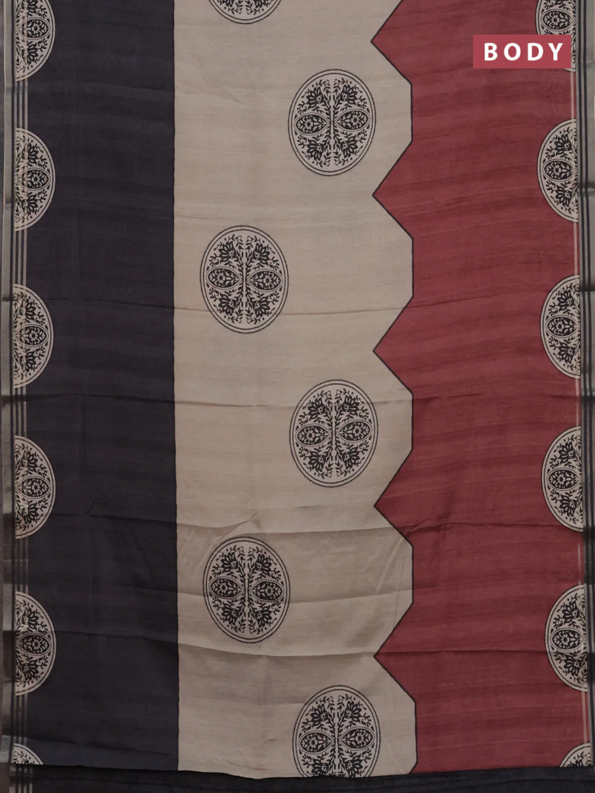 Semi tussar saree beige grey and maroon with allover prints and zari woven border - Image 2