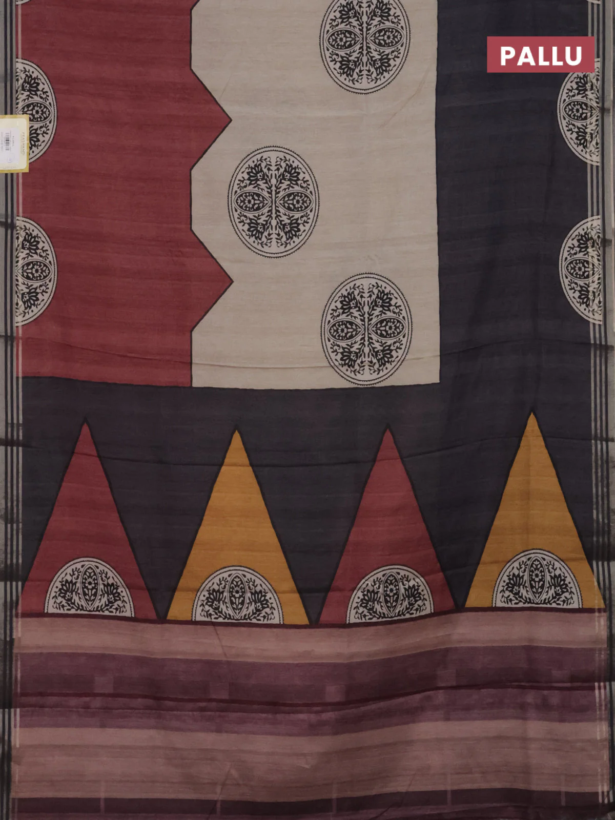 Semi tussar saree beige grey and maroon with allover prints and zari woven border - Image 3