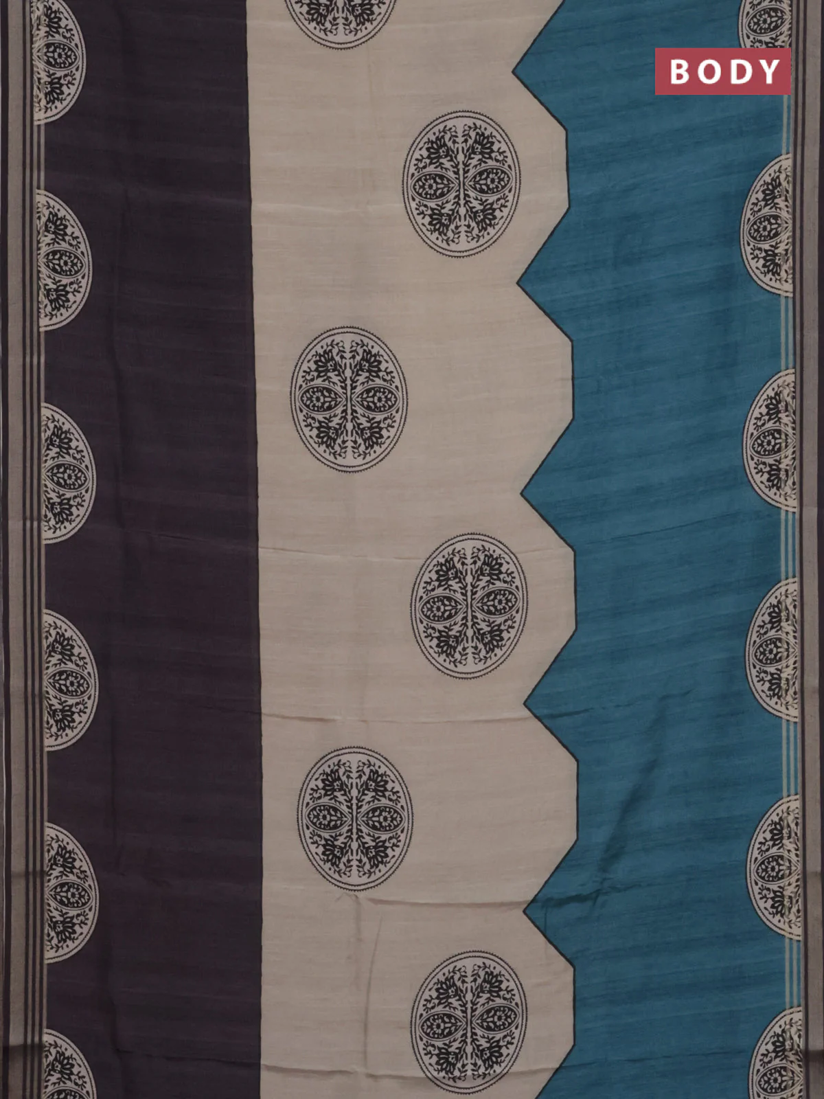 Semi tussar saree beige grey and peacock blue with allover prints and zari woven border - Image 2