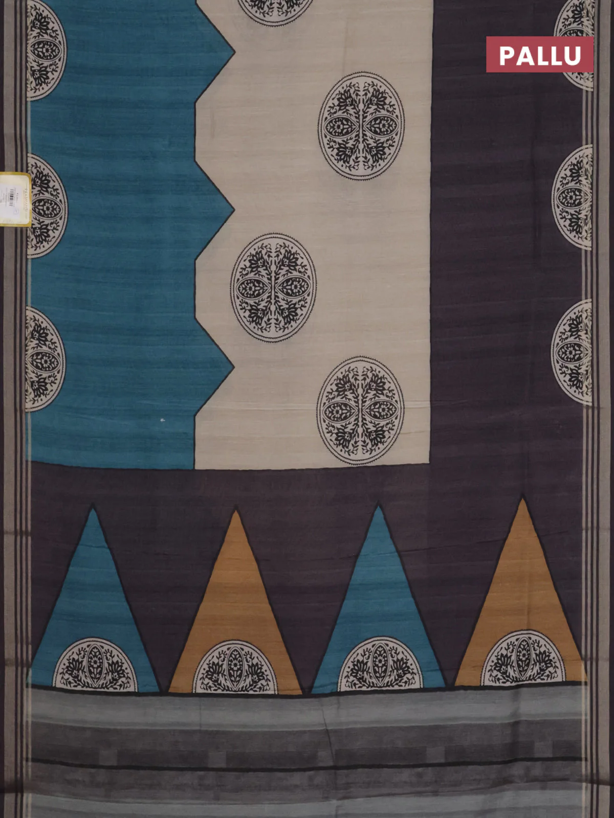 Semi tussar saree beige grey and peacock blue with allover prints and zari woven border - Image 3