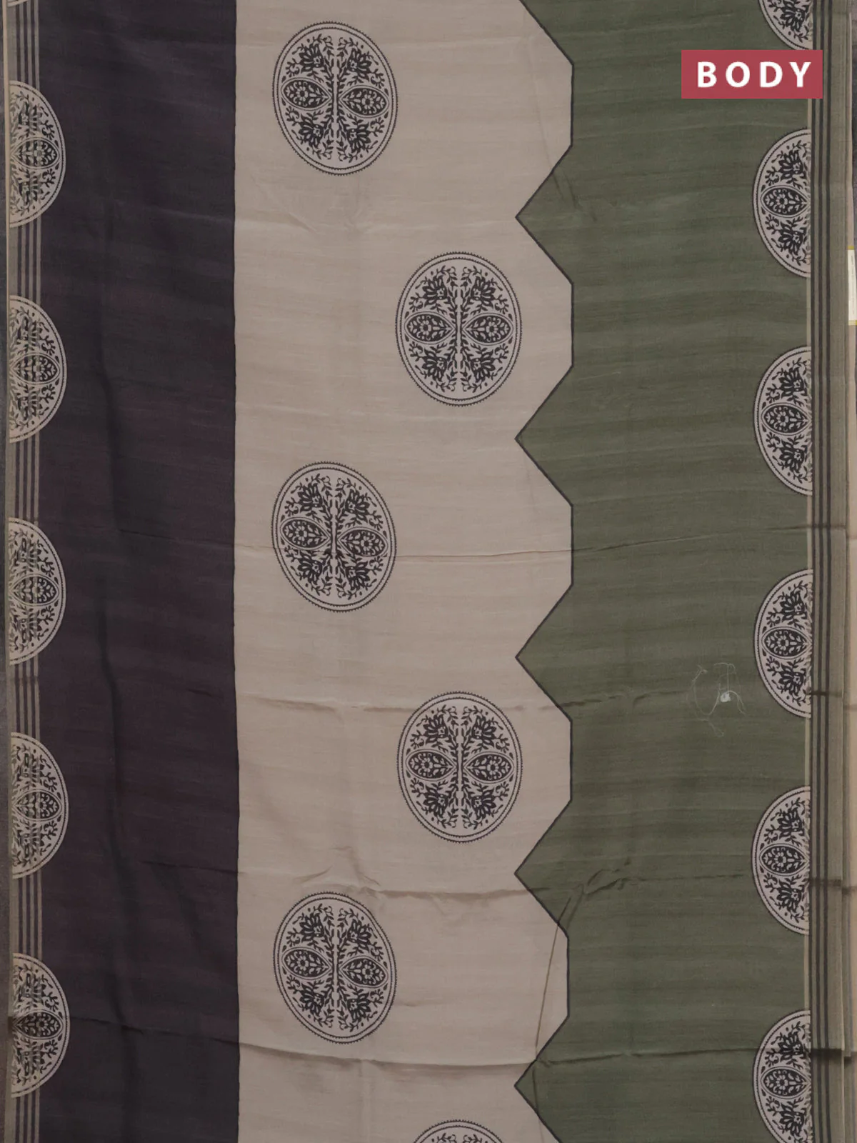 Semi tussar saree beige grey and sap green with allover prints and zari woven border - Image 2