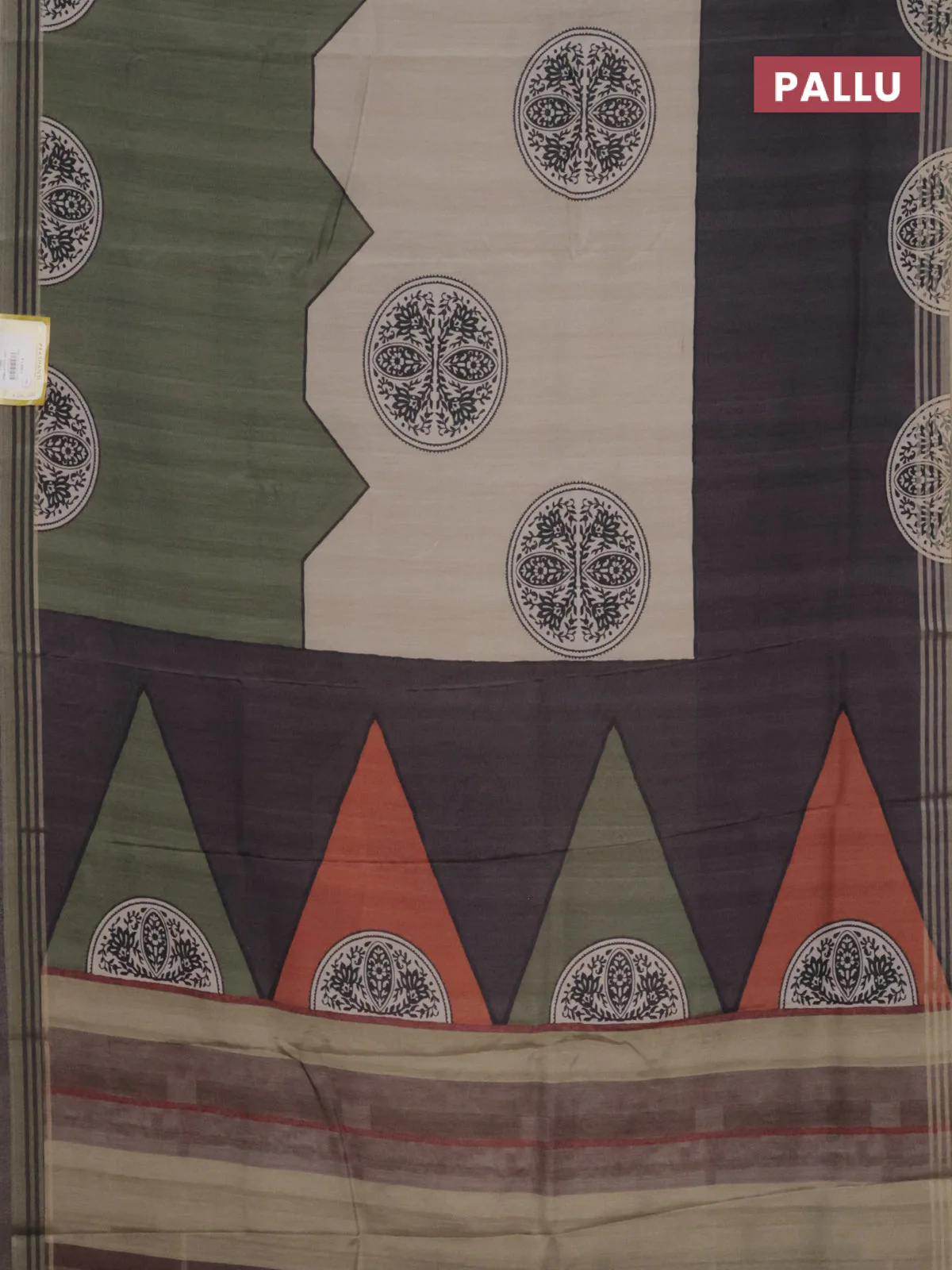 Semi tussar saree beige grey and sap green with allover prints and zari woven border - Image 3