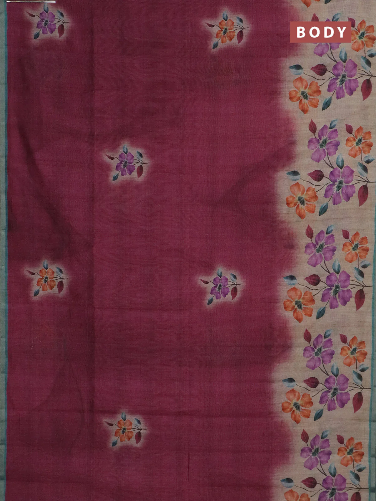 Semi tussar saree beige maroon and teal green with floral prints and small zari woven border - Image 2