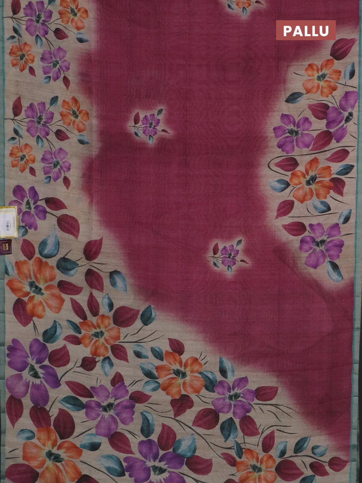 Semi tussar saree beige maroon and teal green with floral prints and small zari woven border - Image 3