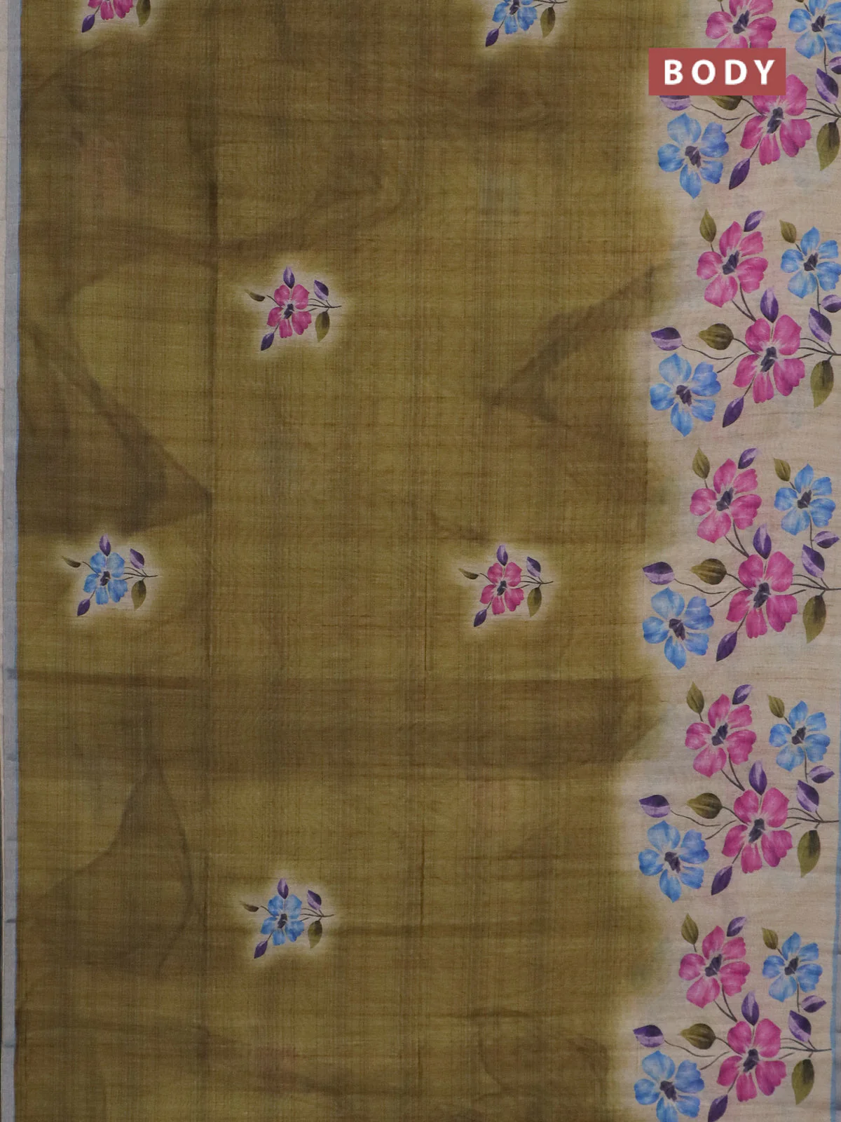 Semi tussar saree beige mehendi green and pastel blue with floral prints and small zari woven border - Image 2