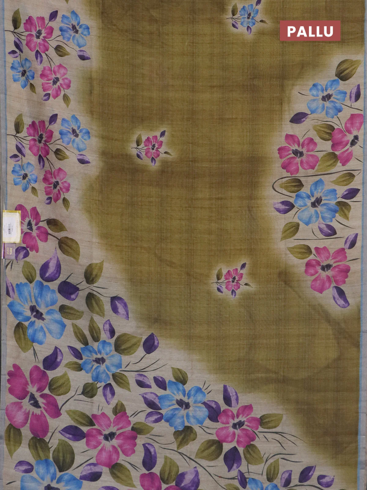 Semi tussar saree beige mehendi green and pastel blue with floral prints and small zari woven border - Image 3