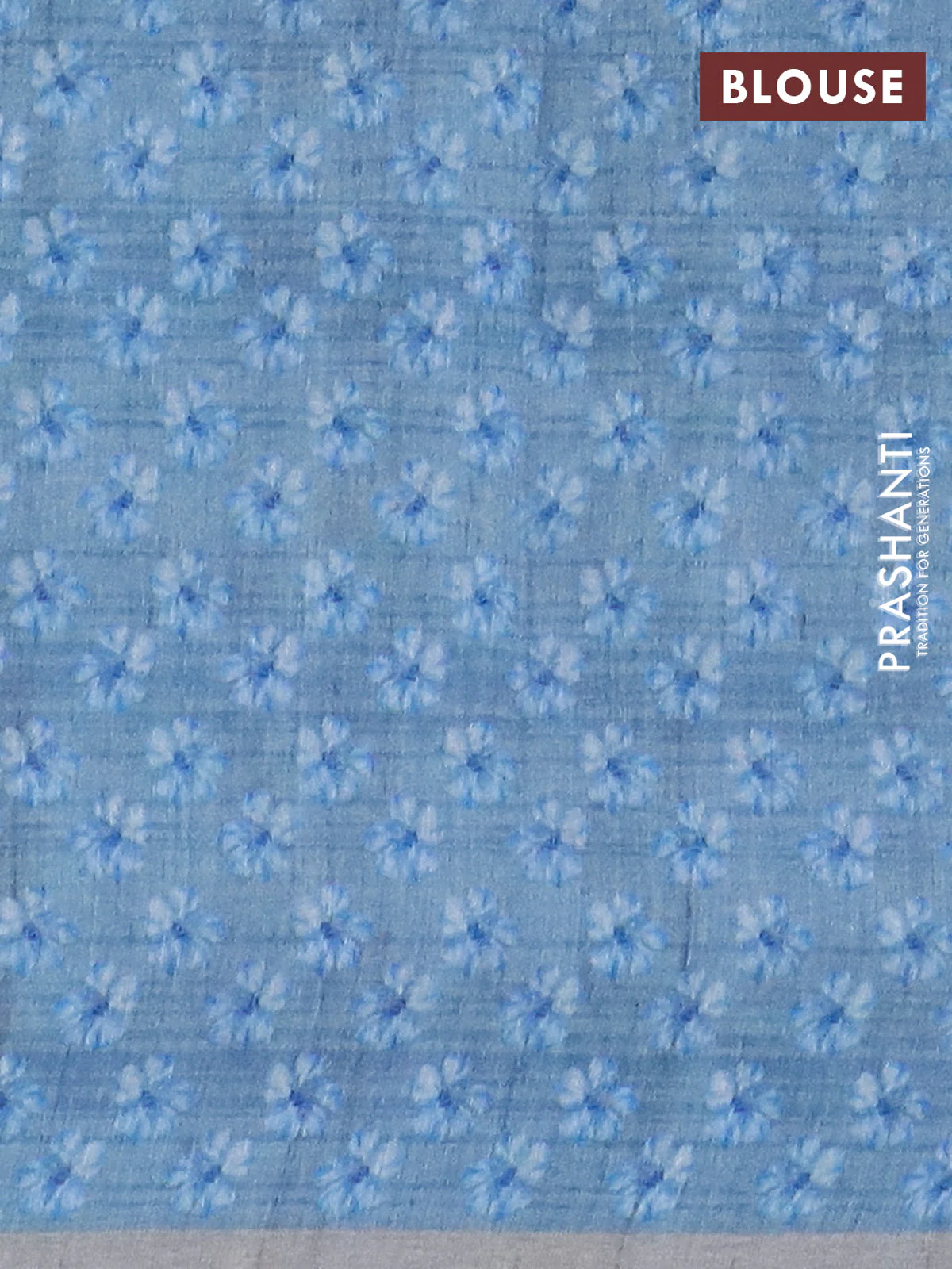 Semi tussar saree beige mehendi green and pastel blue with floral prints and small zari woven border - Image 4