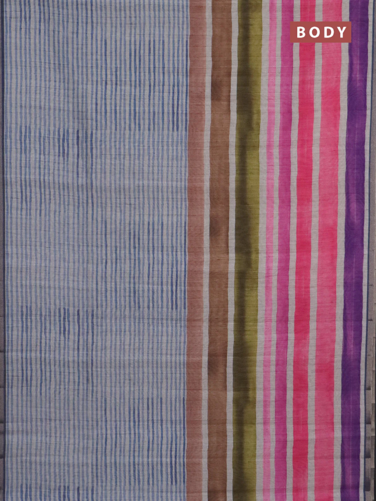 Semi tussar saree beige pale orange and grey with allover prints and small zari woven border - Image 2