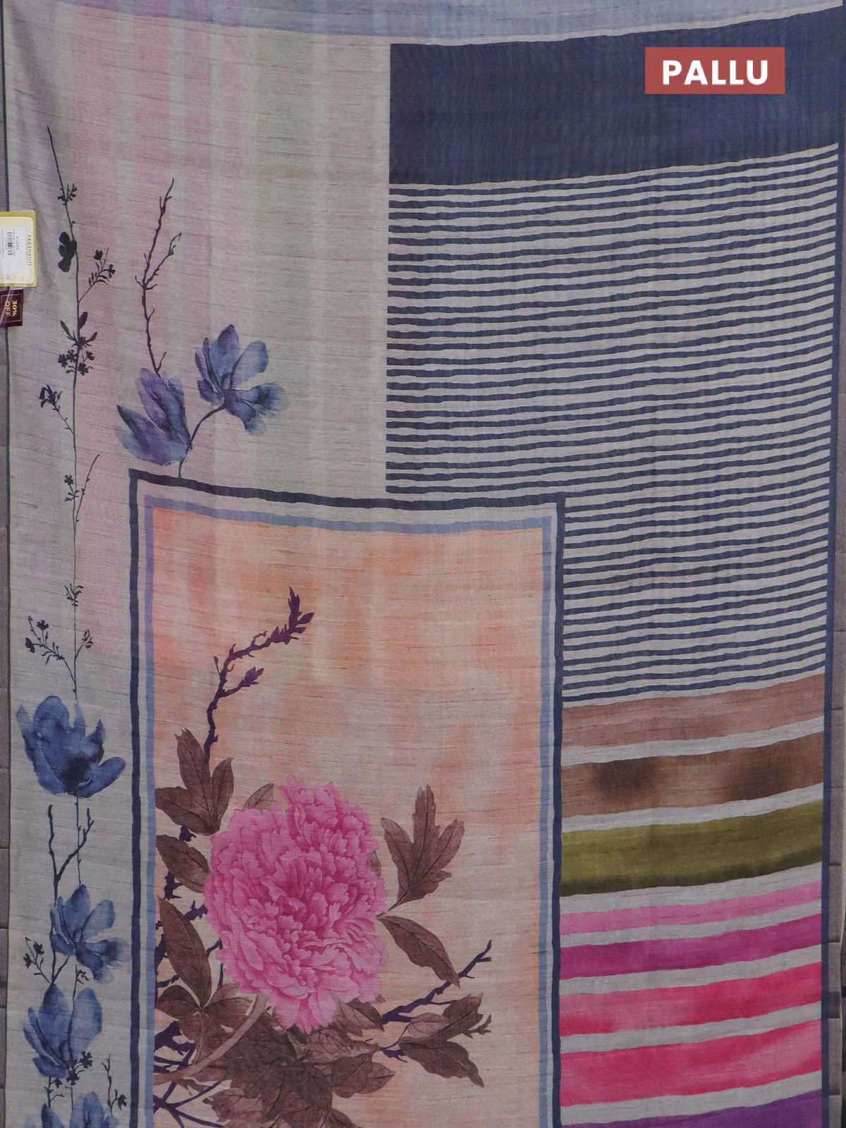 Semi tussar saree beige pale orange and grey with allover prints and small zari woven border - Image 3