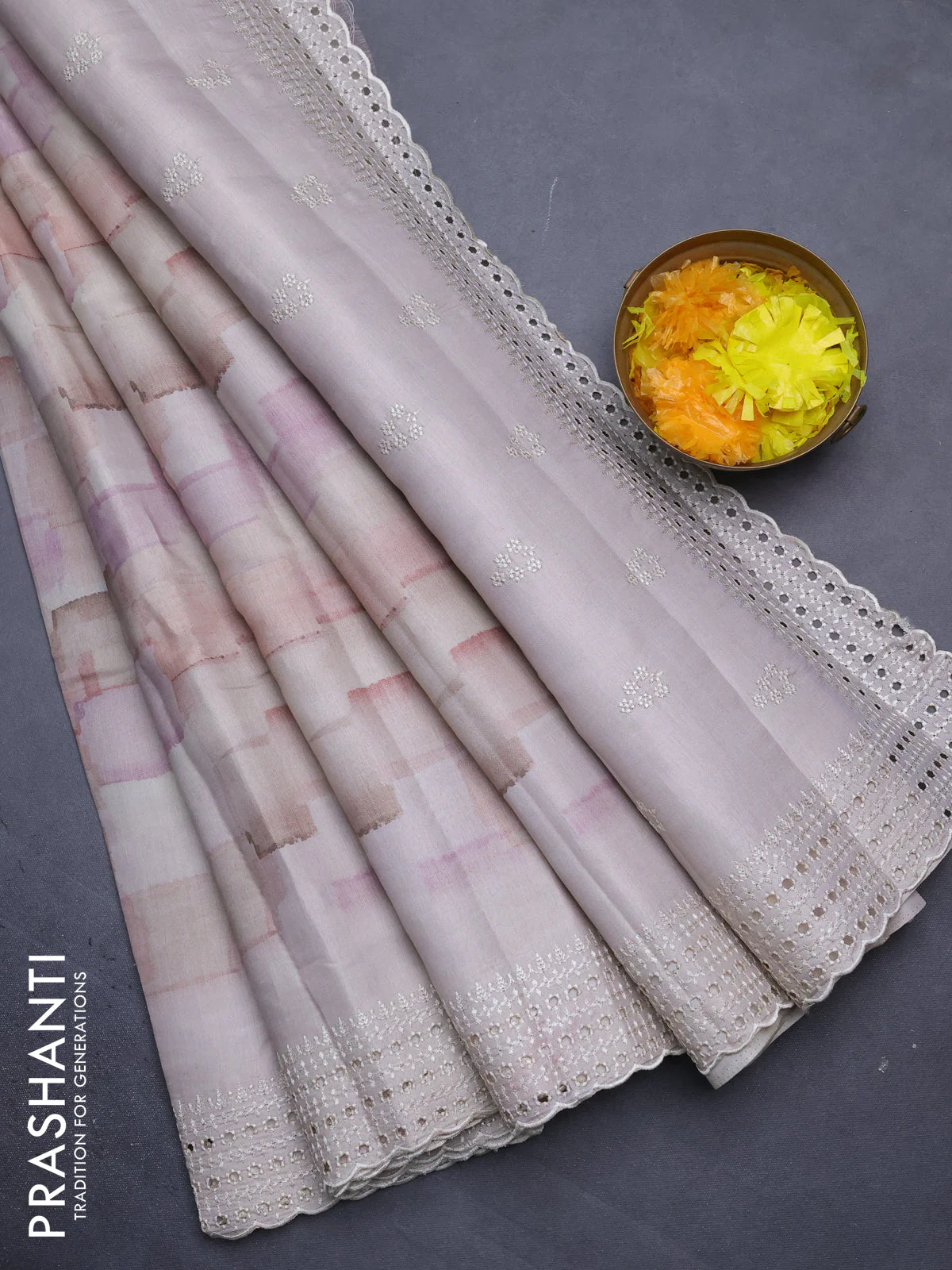 Semi tussar saree beige with allover geometric prints and embroidery cut work border - Image 2