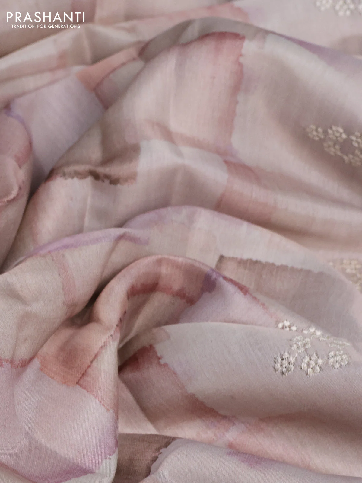 Semi tussar saree beige with allover geometric prints and embroidery cut work border - Image 3