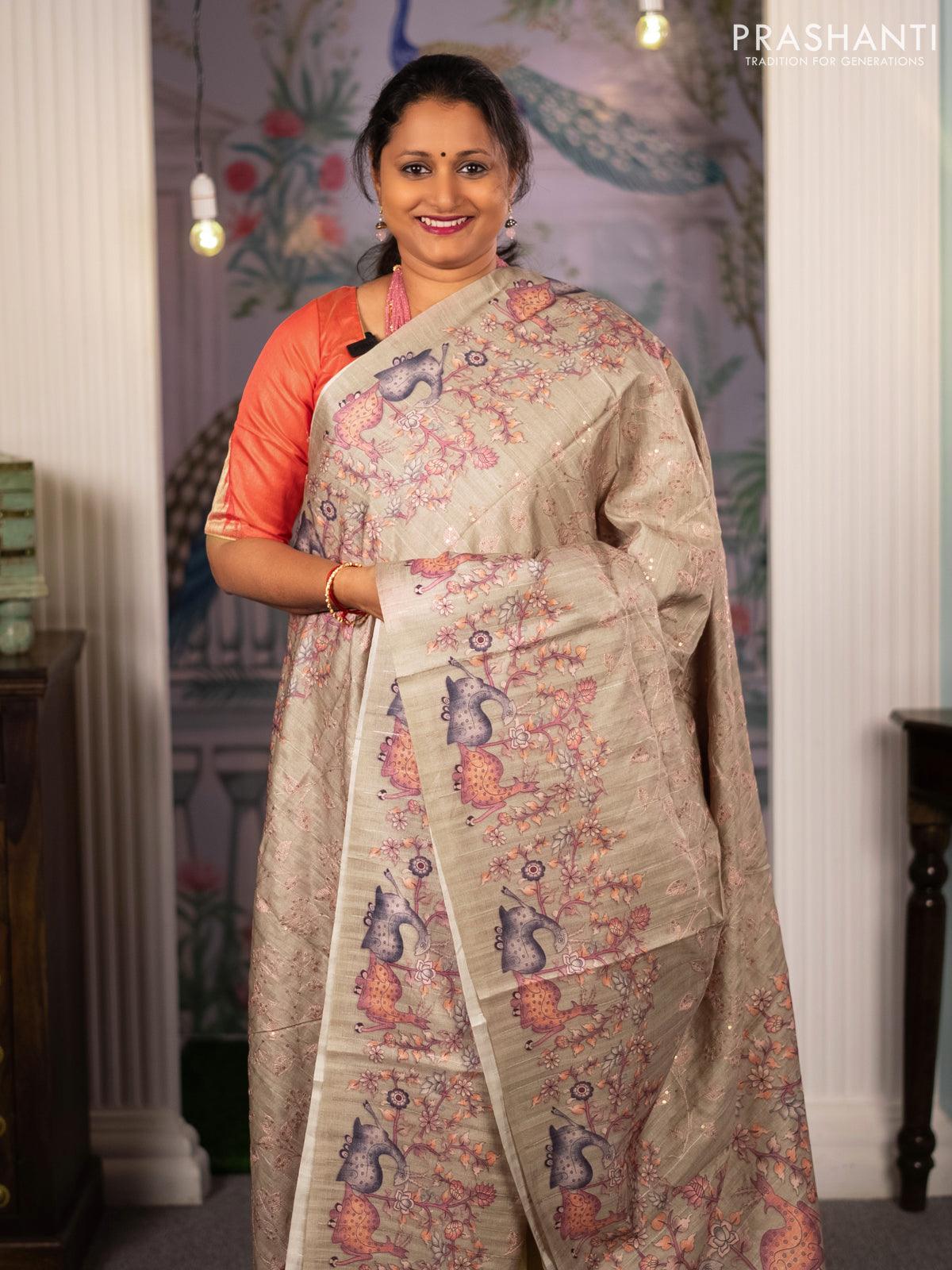 Semi tussar saree beige with allover leaf & floral embroidery sequin work and digital printed border