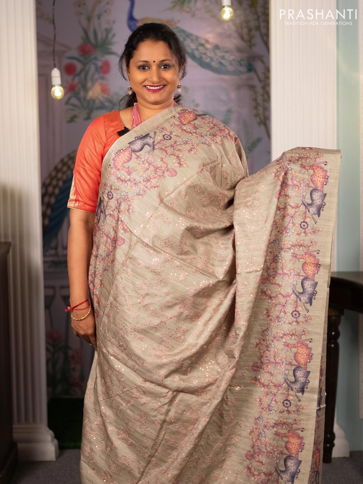 Semi tussar saree beige with allover leaf & floral embroidery sequin work and digital printed border - Image 2