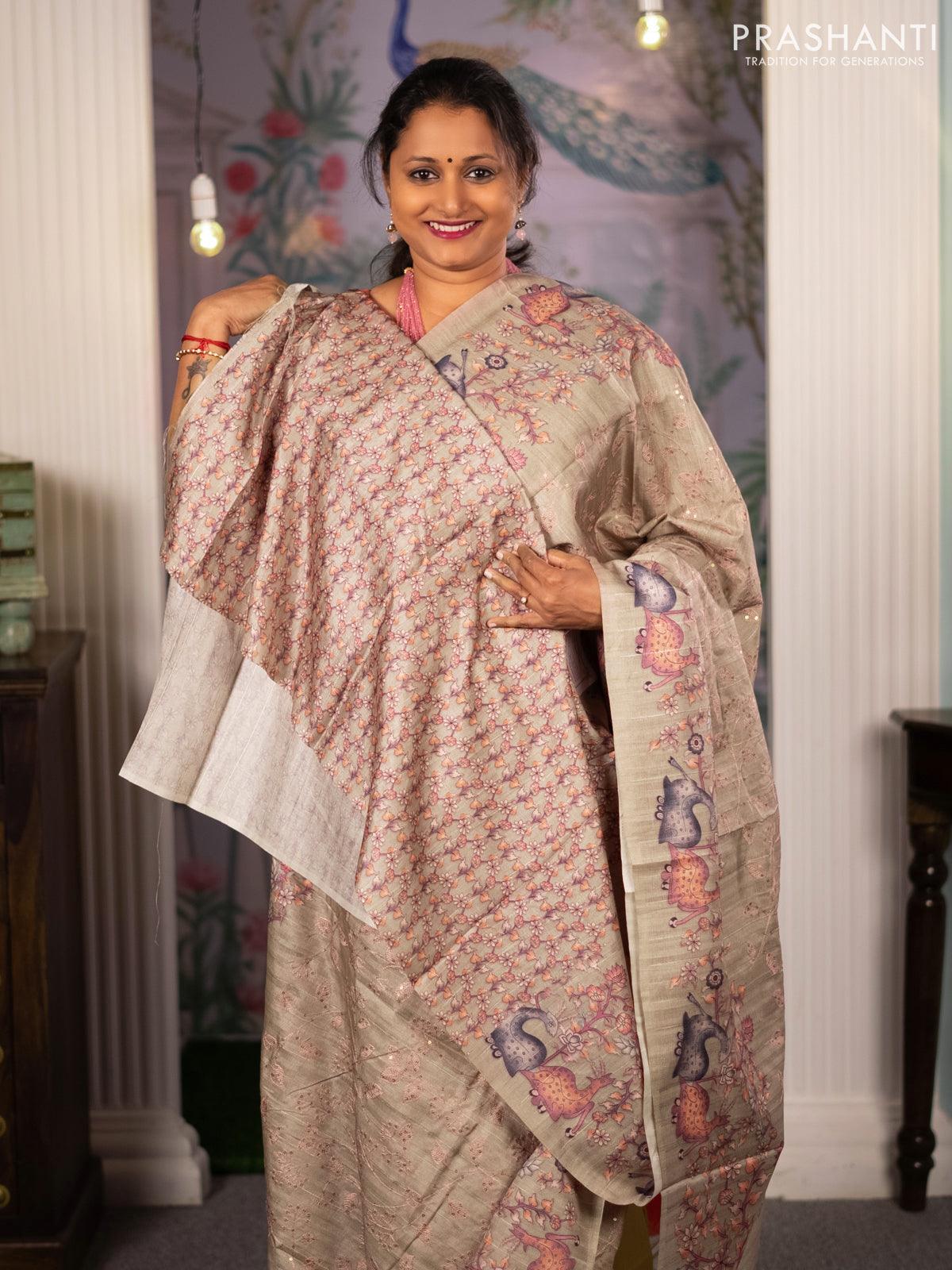 Semi tussar saree beige with allover leaf & floral embroidery sequin work and digital printed border - Image 3