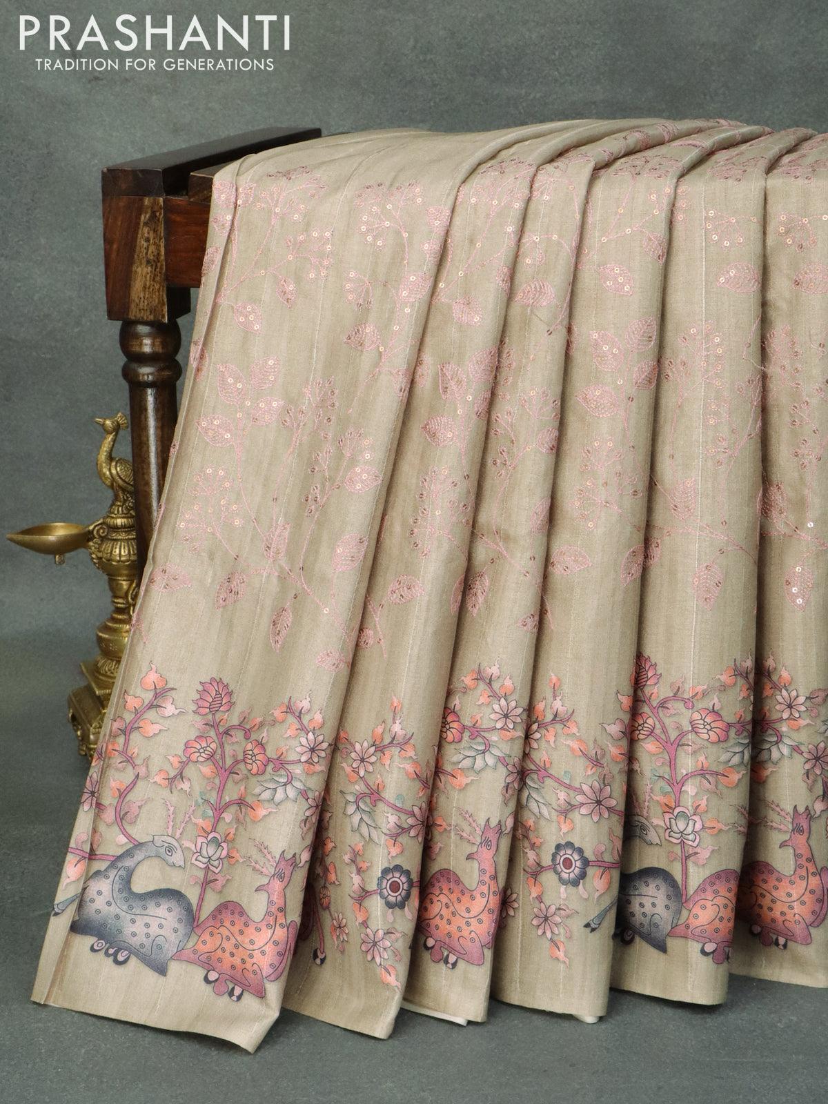Semi tussar saree beige with allover leaf & floral embroidery sequin work and digital printed border - Image 4