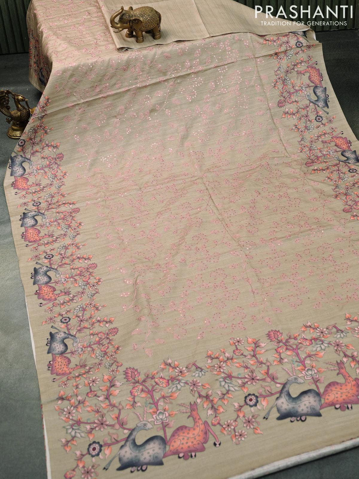 Semi tussar saree beige with allover leaf & floral embroidery sequin work and digital printed border - Image 5