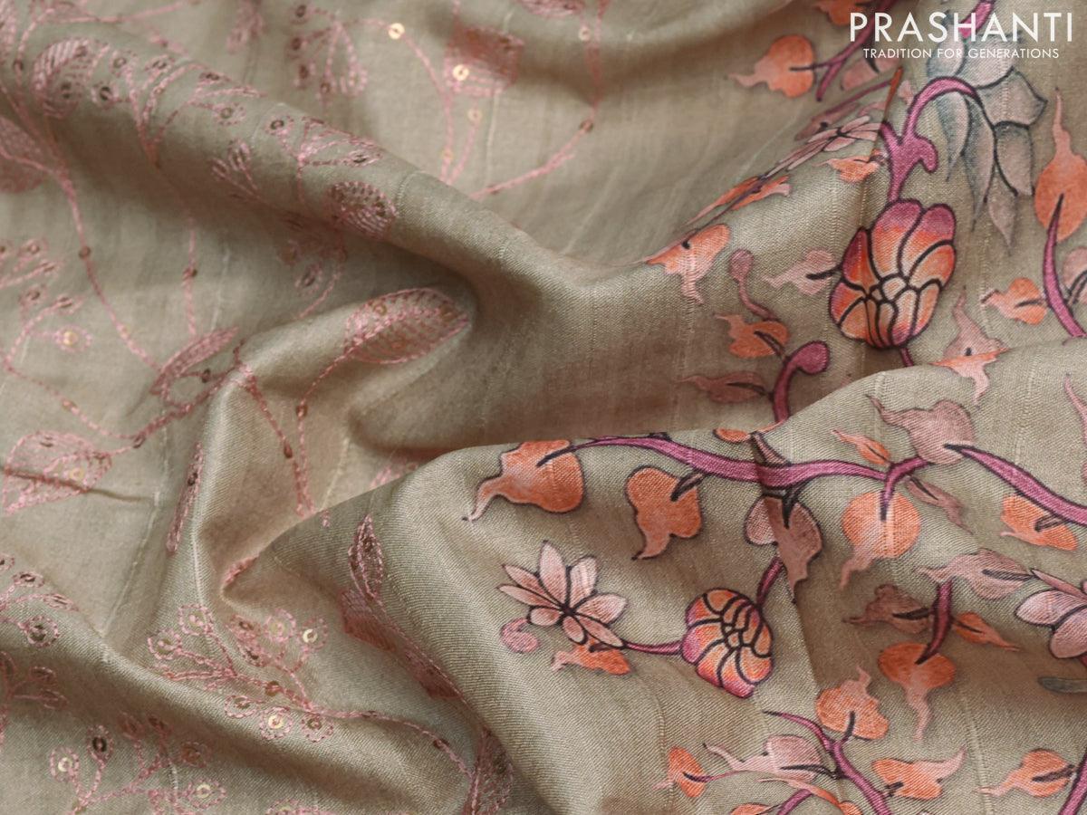 Semi tussar saree beige with allover leaf & floral embroidery sequin work and digital printed border - Image 6